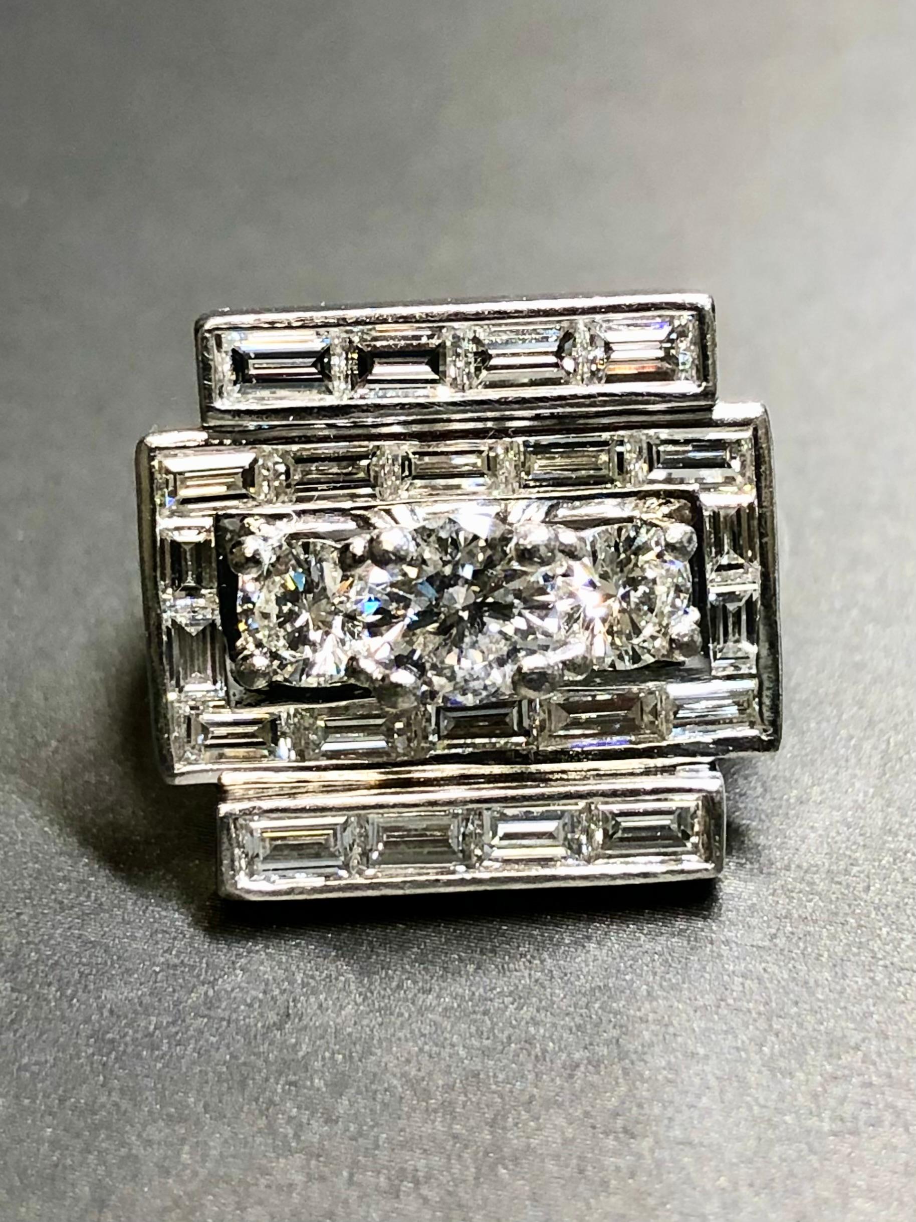 Baguette Cut Vintage 1950’s Platinum Baguette Round Diamond Flat Angular Cocktail Ring For Sale