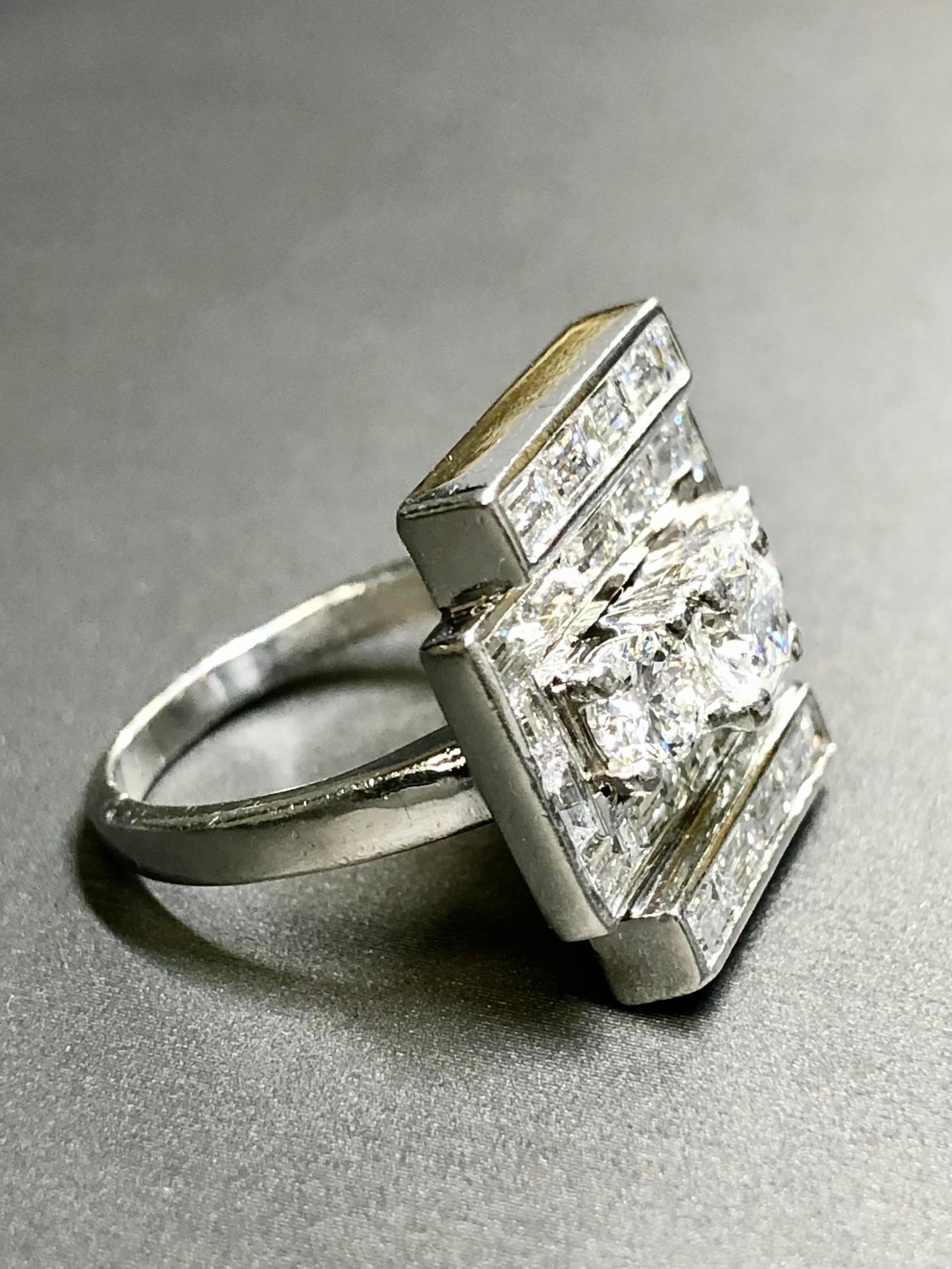 Vintage 1950’s Platinum Baguette Round Diamond Flat Angular Cocktail Ring In Good Condition For Sale In Winter Springs, FL