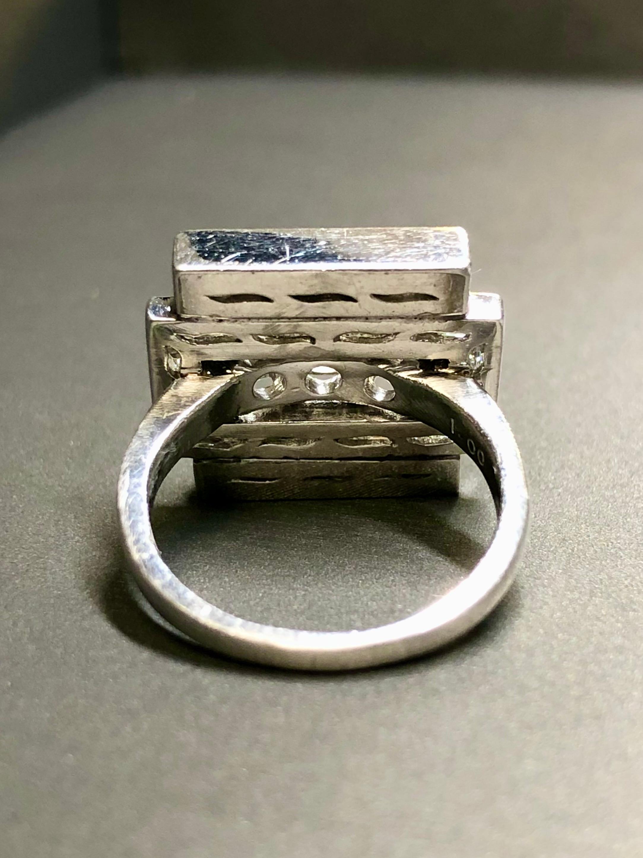 Women's or Men's Vintage 1950’s Platinum Baguette Round Diamond Flat Angular Cocktail Ring For Sale