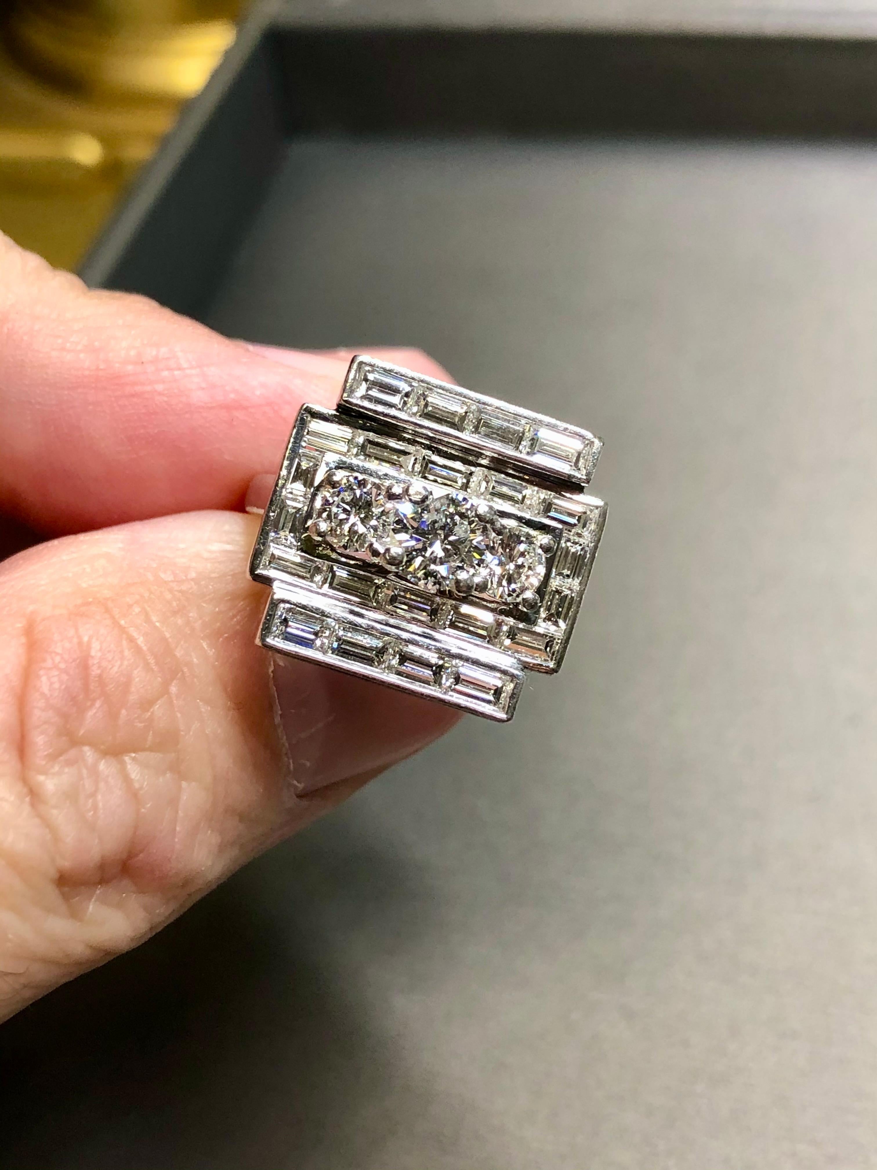 Vintage 1950’s Platinum Baguette Round Diamond Flat Angular Cocktail Ring For Sale 1