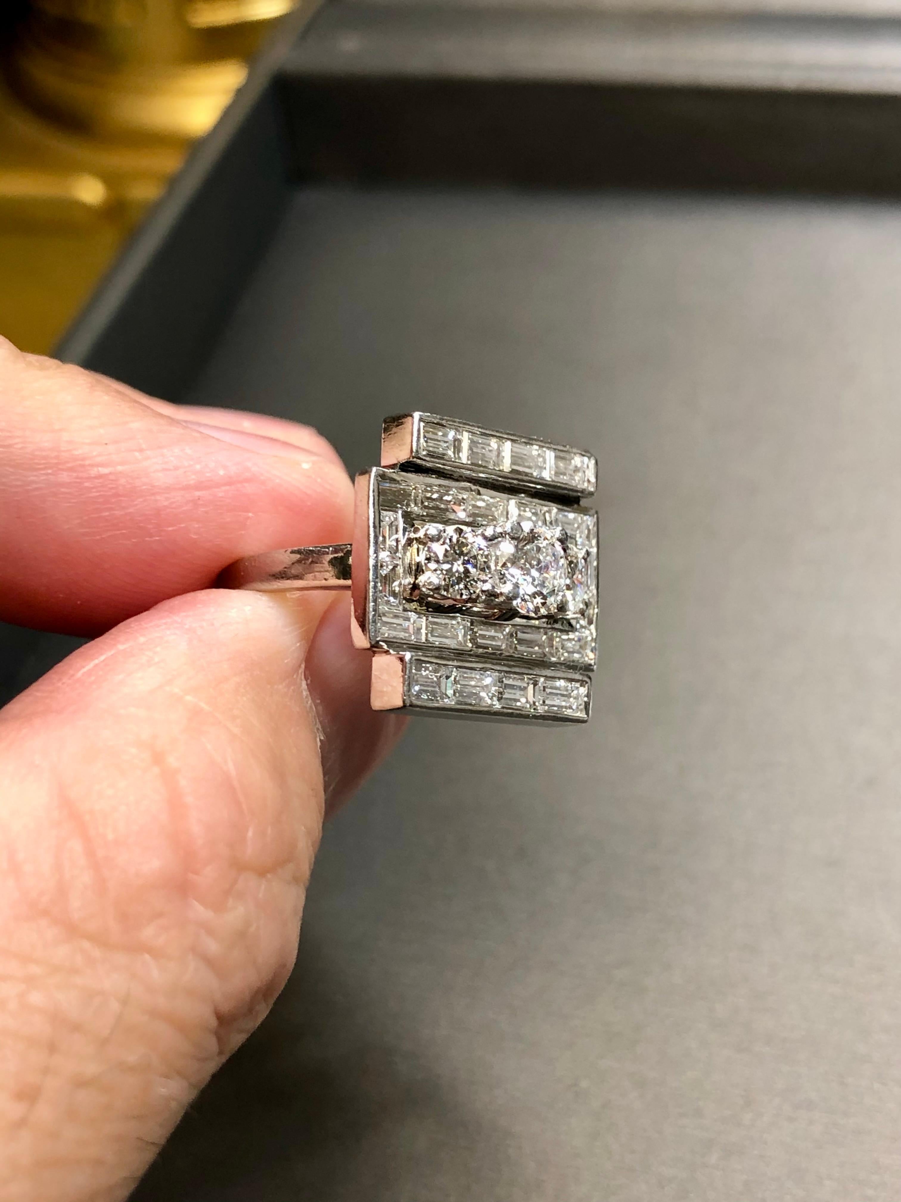 Vintage 1950’s Platinum Baguette Round Diamond Flat Angular Cocktail Ring For Sale 2