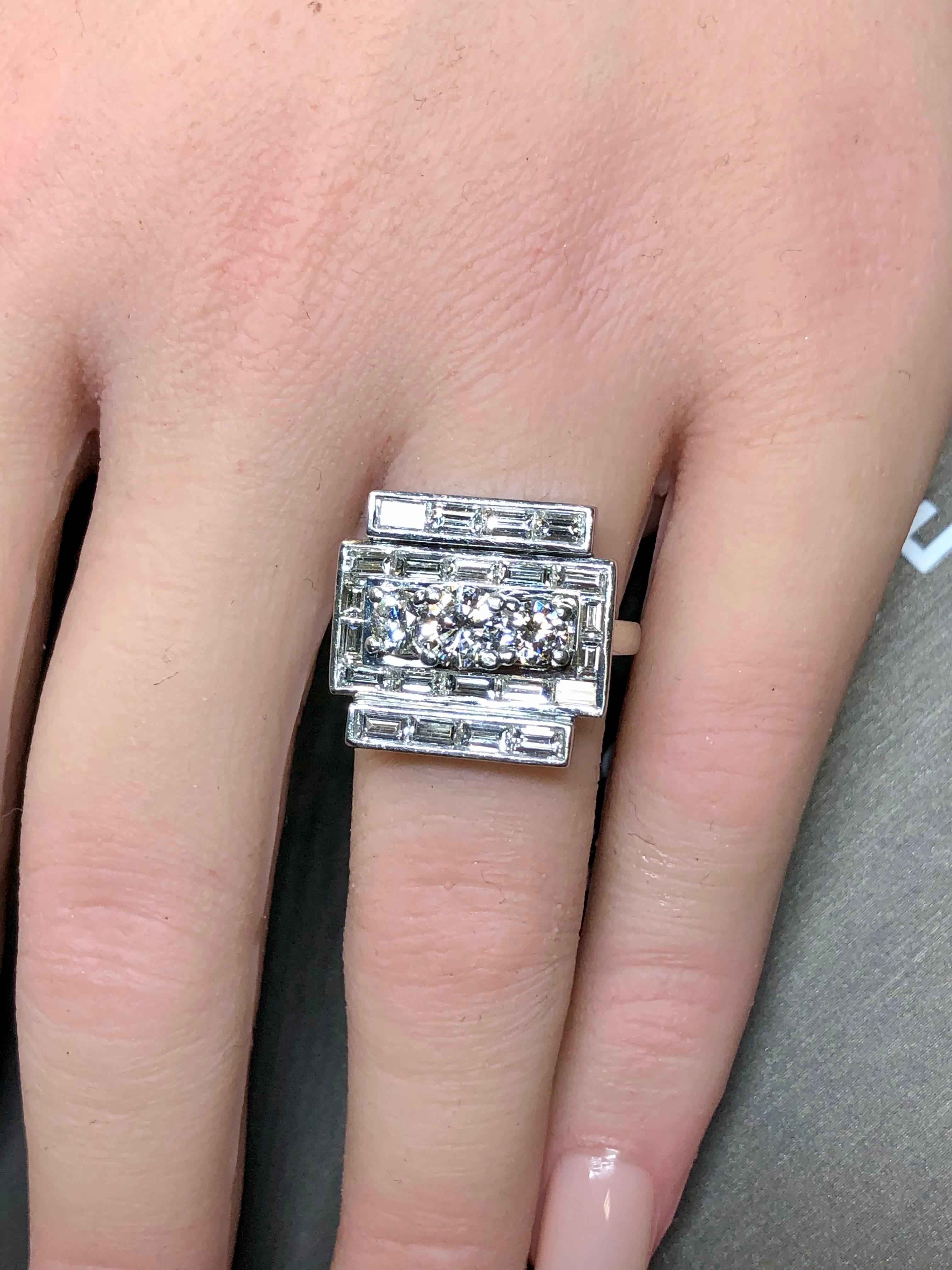 Vintage 1950’s Platinum Baguette Round Diamond Flat Angular Cocktail Ring For Sale 3