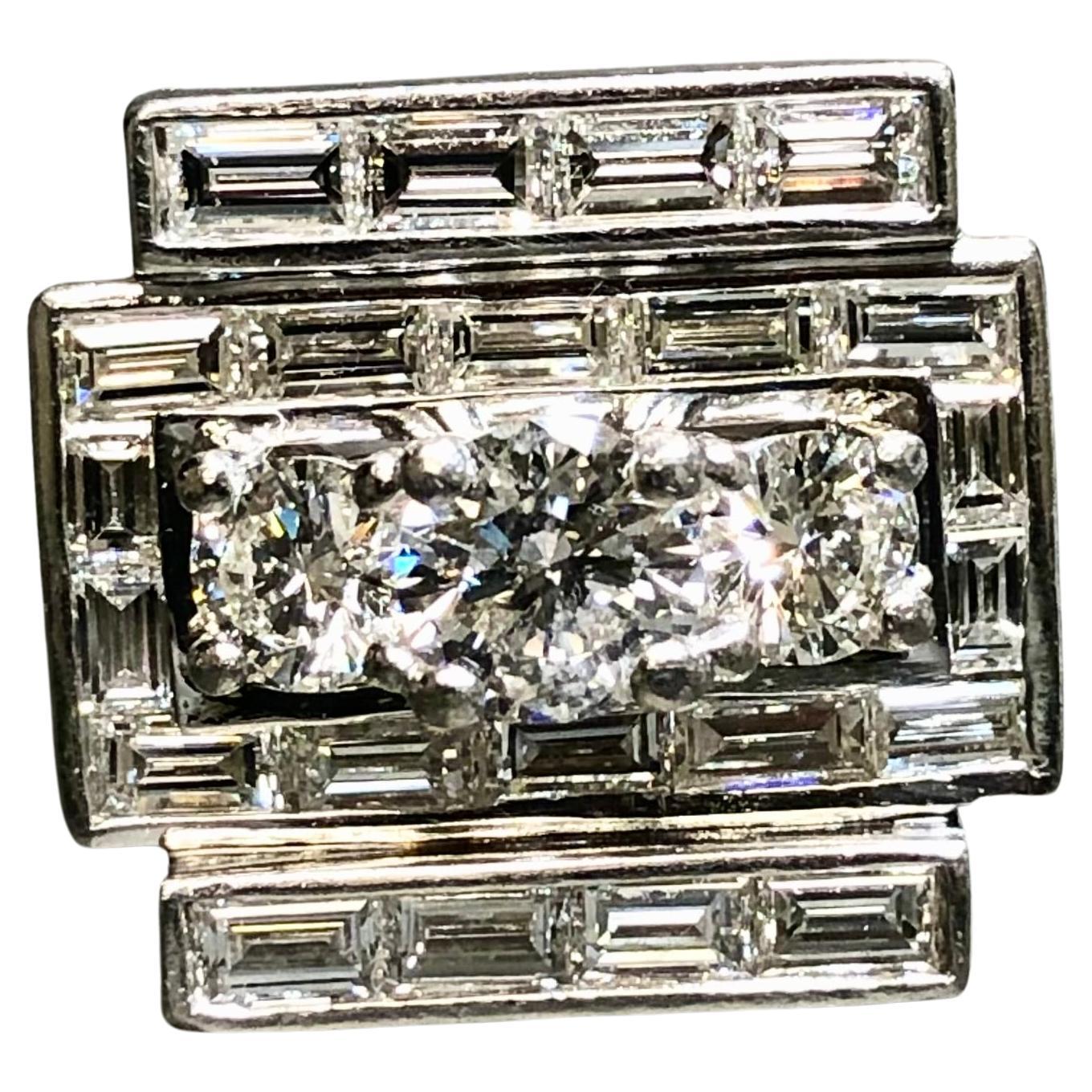 Vintage 1950’s Platinum Baguette Round Diamond Flat Angular Cocktail Ring