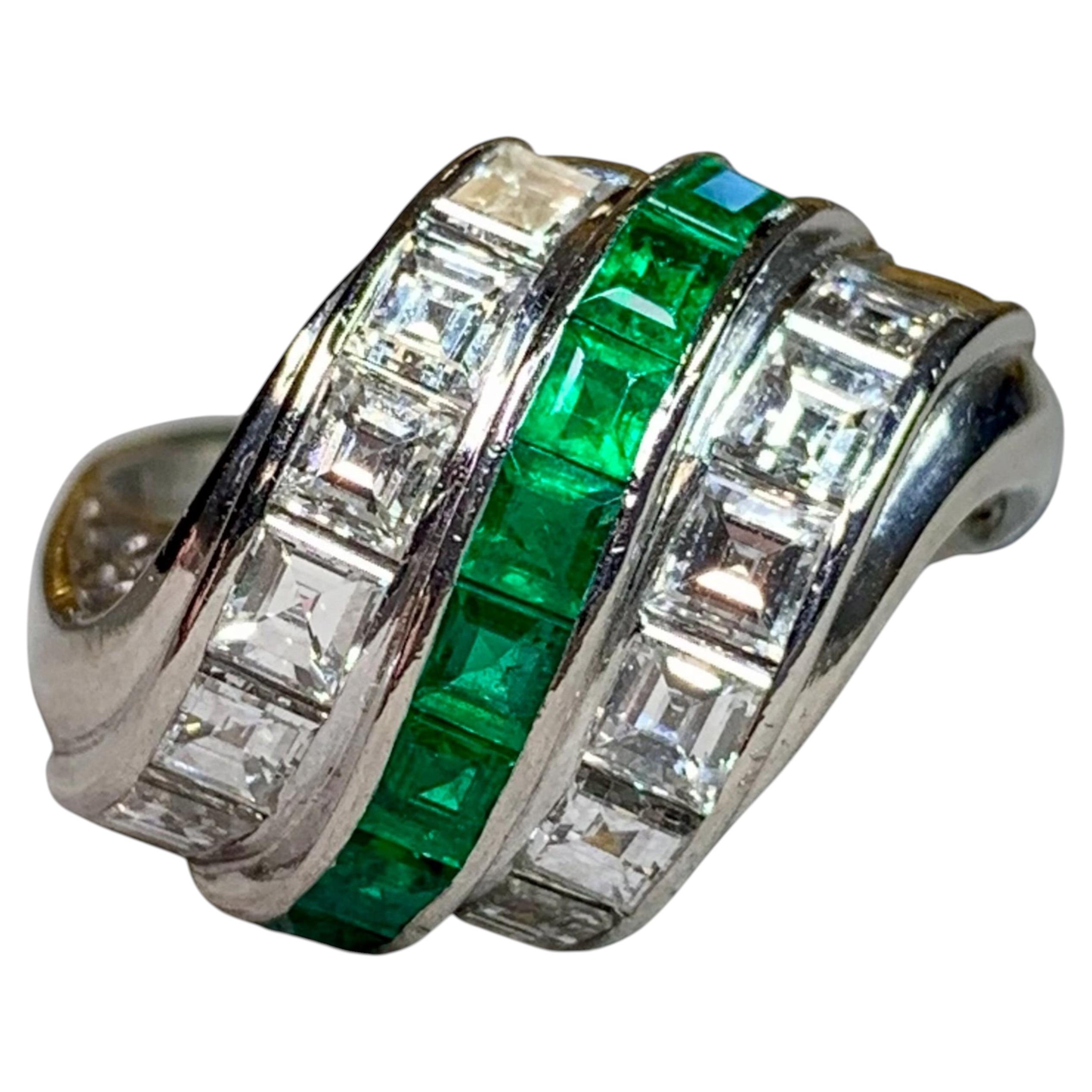 Vintage 1950’s Platinum Carré Diamond & Vivid Emerald Scroll Cocktail Ring