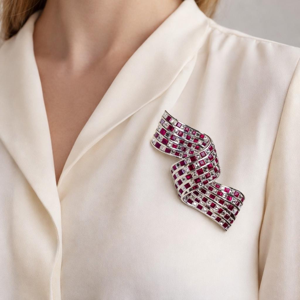 Vintage 1950s Platinum Carré Diamond Vivid Ruby Flowing Ribbon Brooch ...