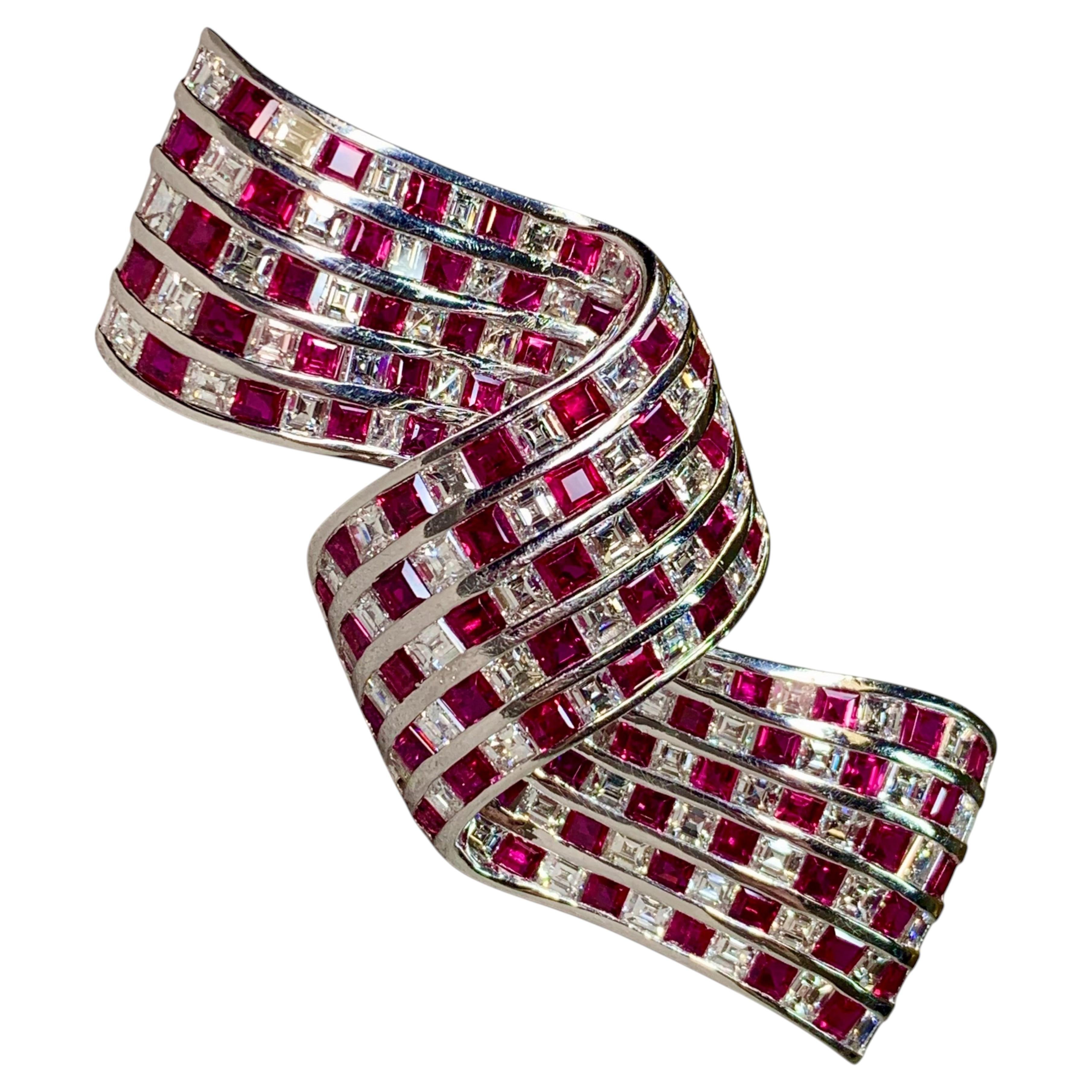 Vintage 1950s Platinum Carré Diamond Vivid Ruby Flowing Ribbon Brooch ...