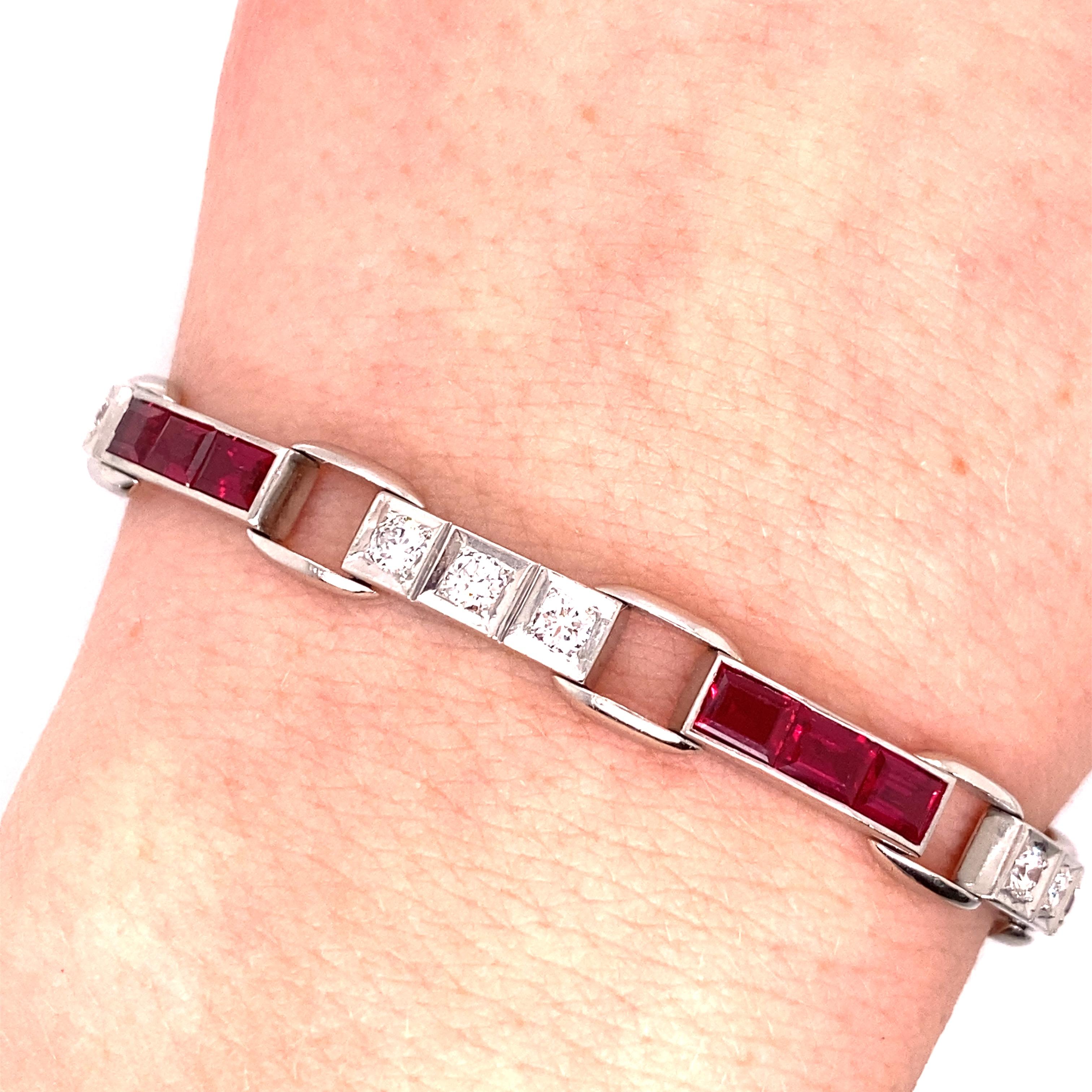 Vintage 1950's Platinum Diamond and Synthetic Ruby Bracelet 1.25ct - The bracelet contains 15 synthetic baguette Rubies which are channel set. There are 15 round diamonds that weigh approximately 1.25ct with G- H color and SI clarity. The diamonds