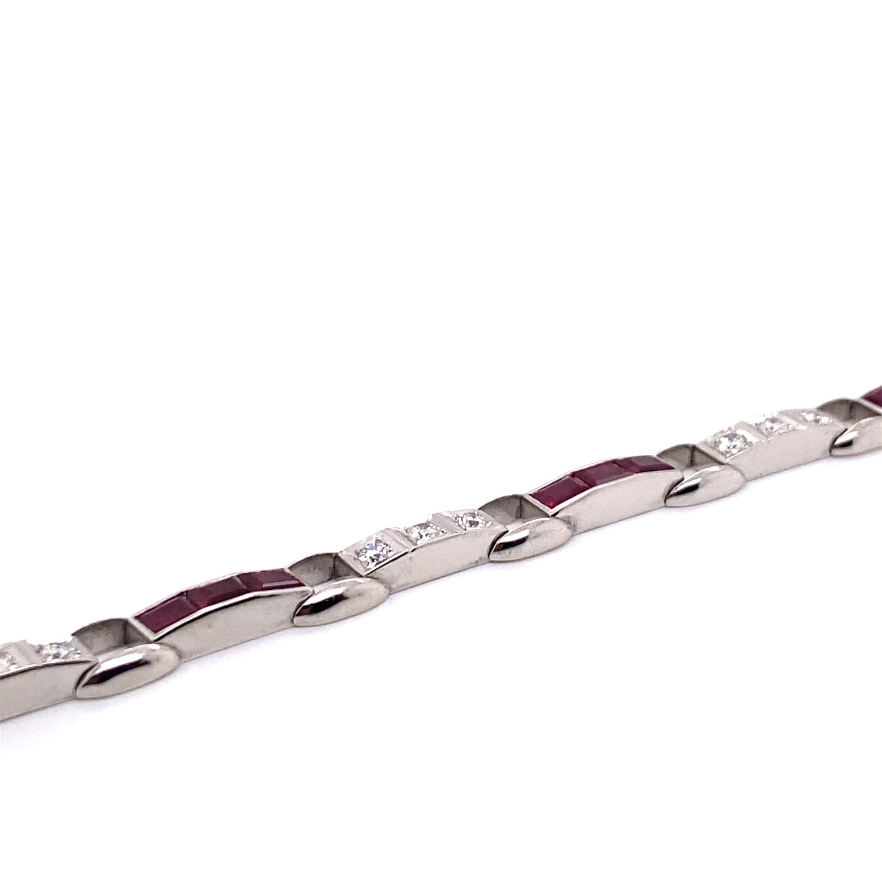 Retro Vintage 1950's Platinum Diamond and Synthetic Ruby Bracelet 1.25ct For Sale
