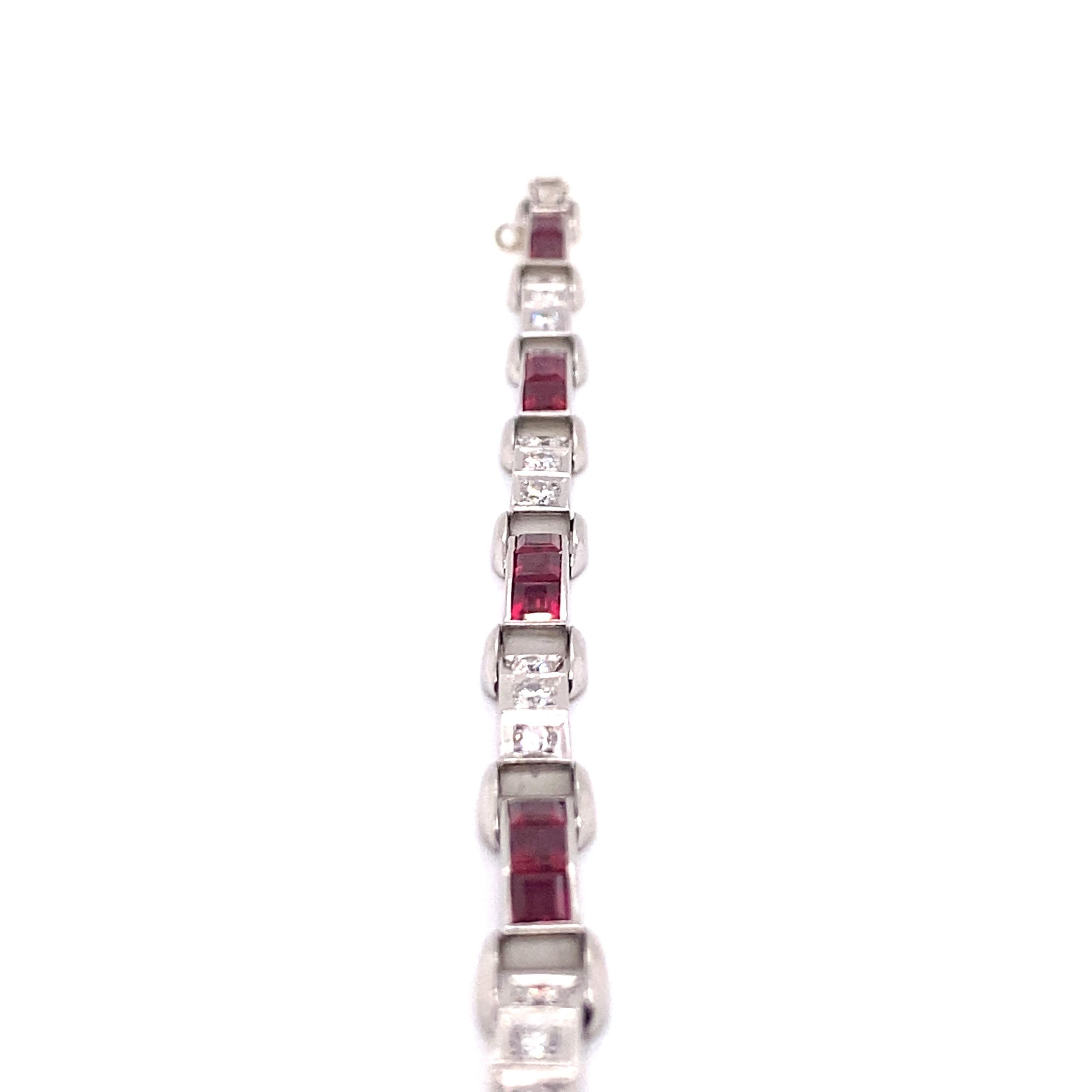 Round Cut Vintage 1950's Platinum Diamond and Synthetic Ruby Bracelet 1.25ct For Sale