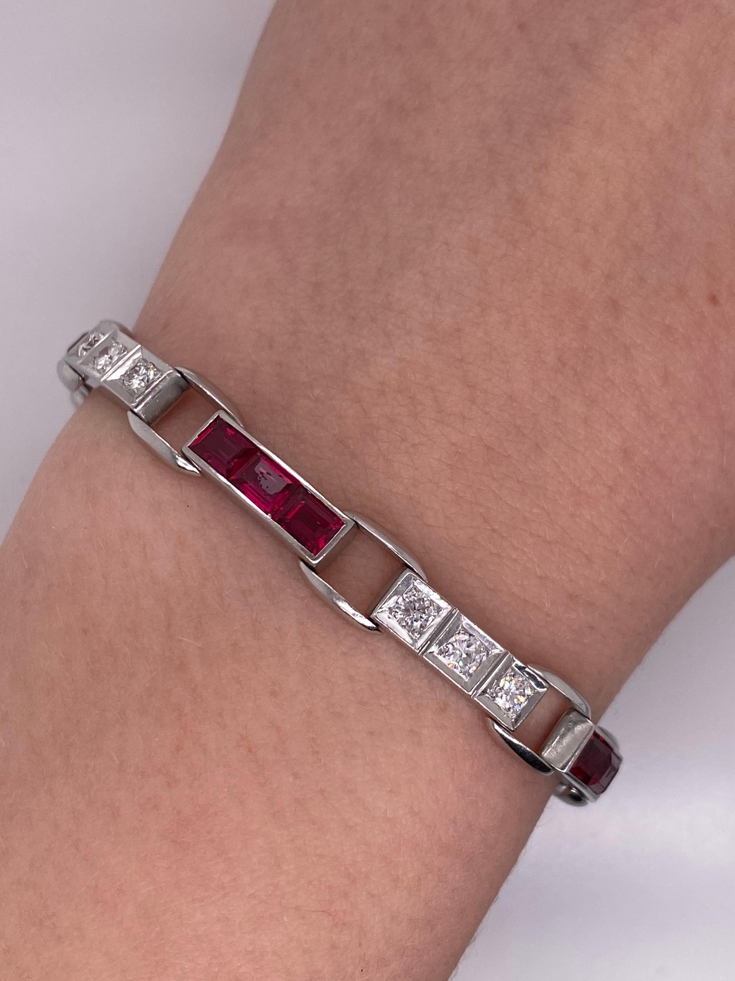 Vintage 1950's Platinum Diamond and Synthetic Ruby Bracelet 1.25ct In Good Condition For Sale In Boston, MA