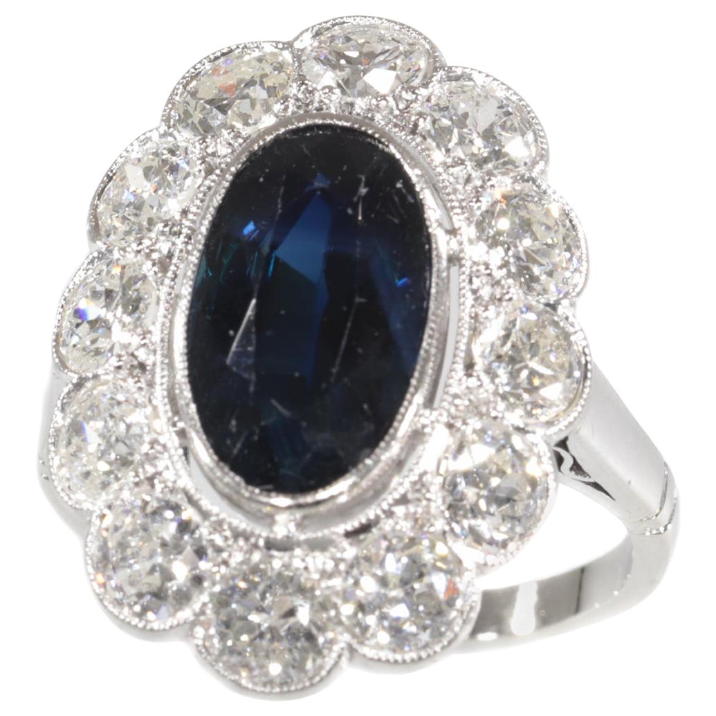 Vintage 1950s Platinum Diamond and Sapphire Engagement Ring, Lady Di Style For Sale