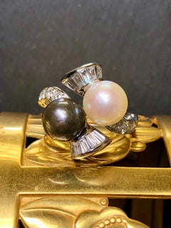 Vintage 1950’s Platinum Diamond Black White Pearl Bypass Ring Sz 6.75