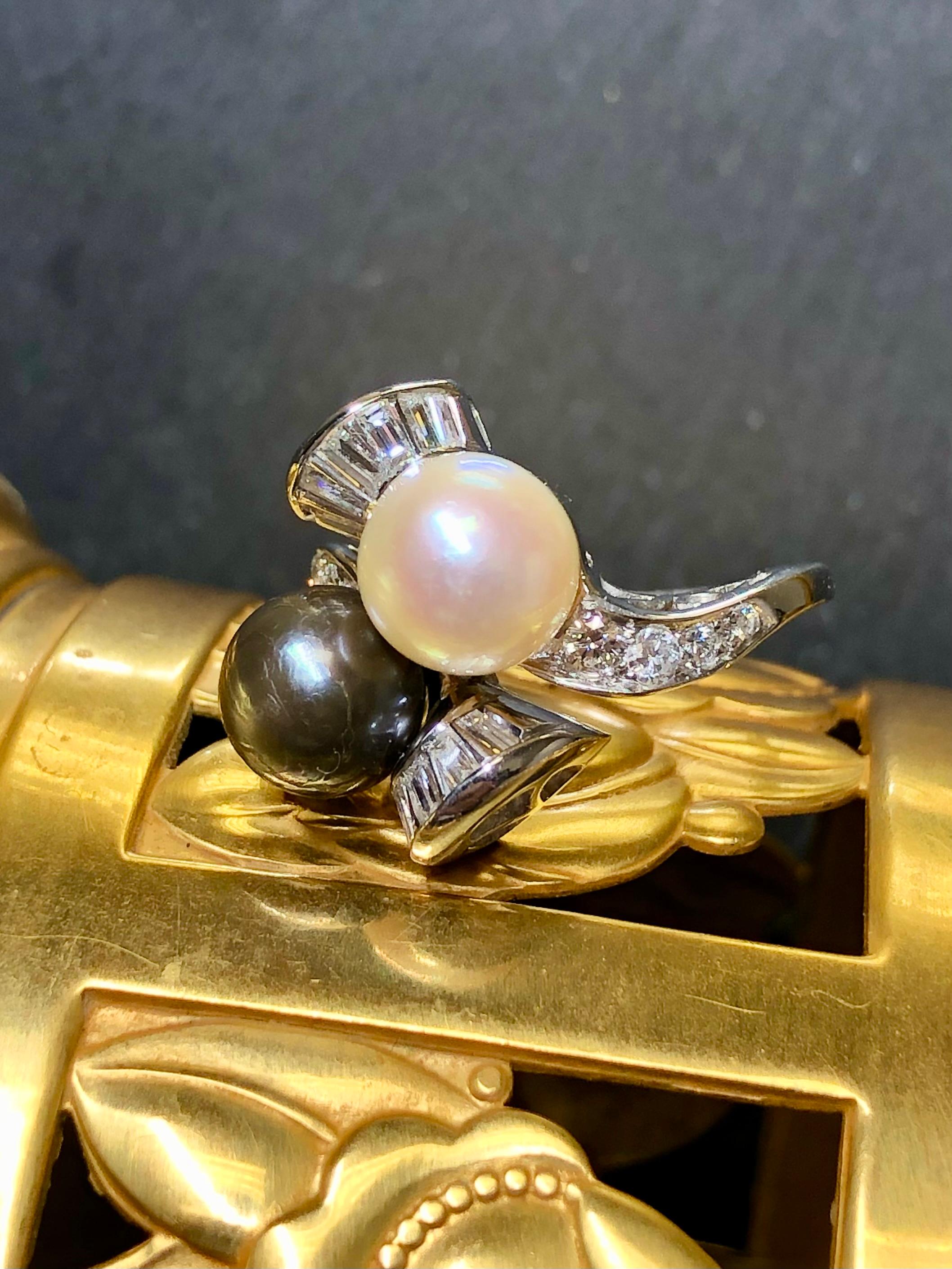 Retro Vintage 1950’s Platinum Diamond Black White Pearl Bypass Ring Sz 6.75 For Sale
