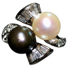 Vintage 1950's Platinum Diamond Black White Pearl Bypass Ring Sz 6.75