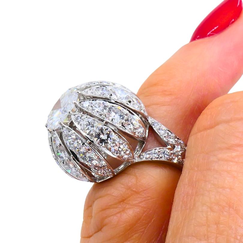 Vintage 1950s Platinum Diamond Bombe Cocktail Ring Circa 1950s Estate Jewelry For Sale 2