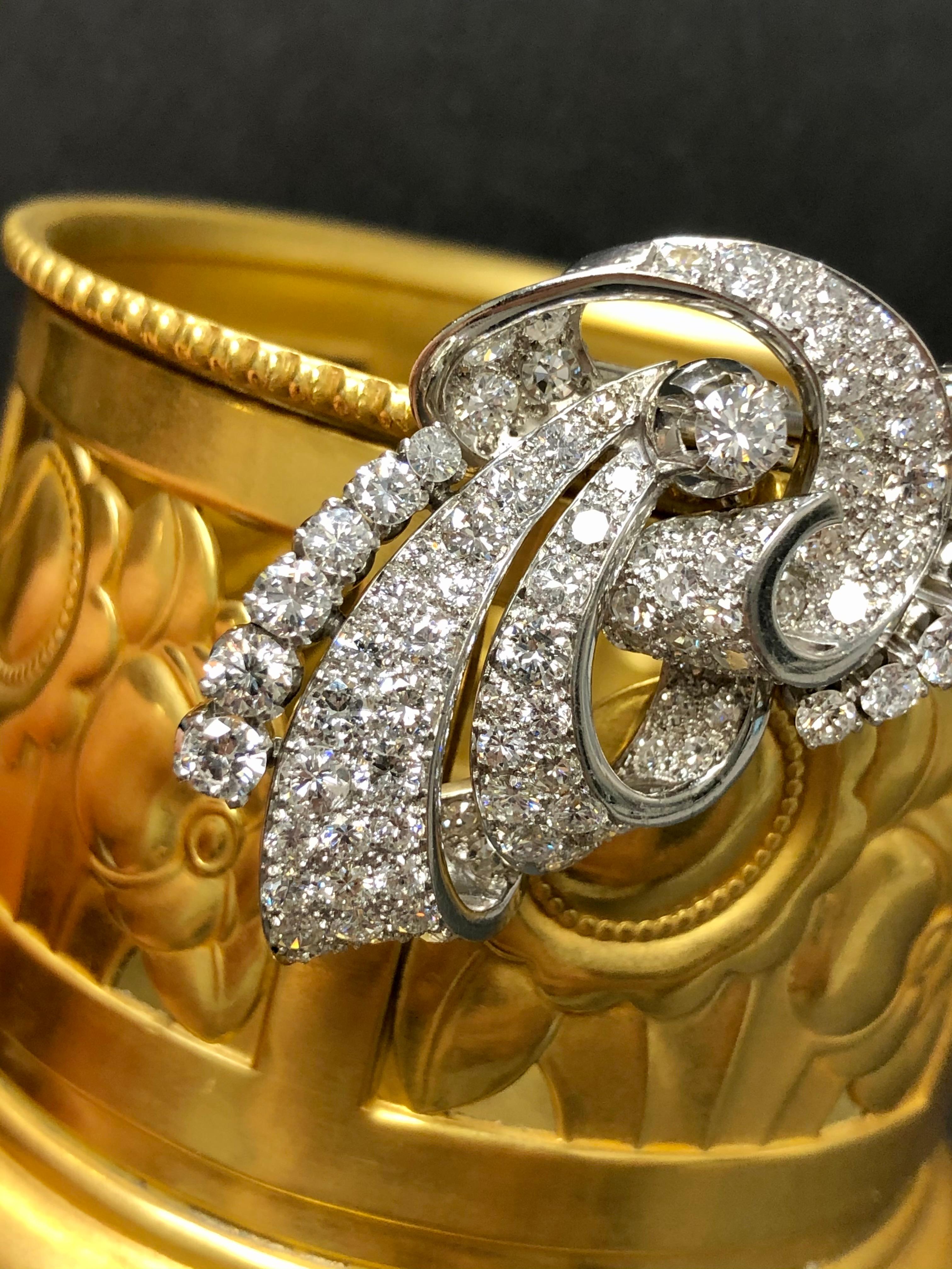 Rétro Estate Vintage 1950's Platinum Large Ornate Diamond Brooch Pin 7.60cttw en vente