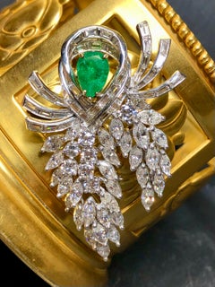 Vintage 1950’s Platinum Diamond Emerald Articulating Brooch Pin 11.30cttw G Vs