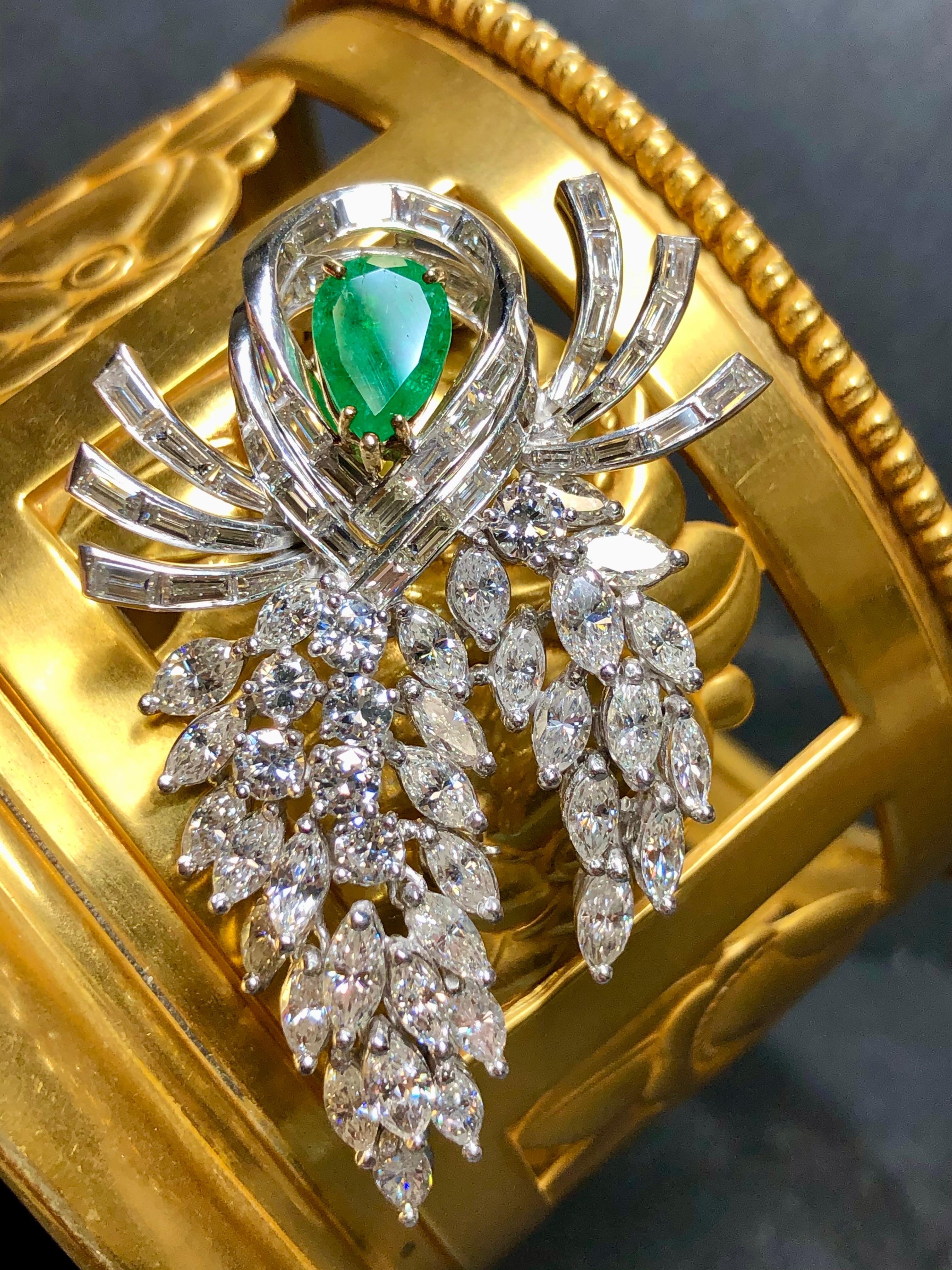 Retro Vintage 1950’s Platinum Diamond Emerald Articulating Brooch Pin 11.30cttw G Vs For Sale