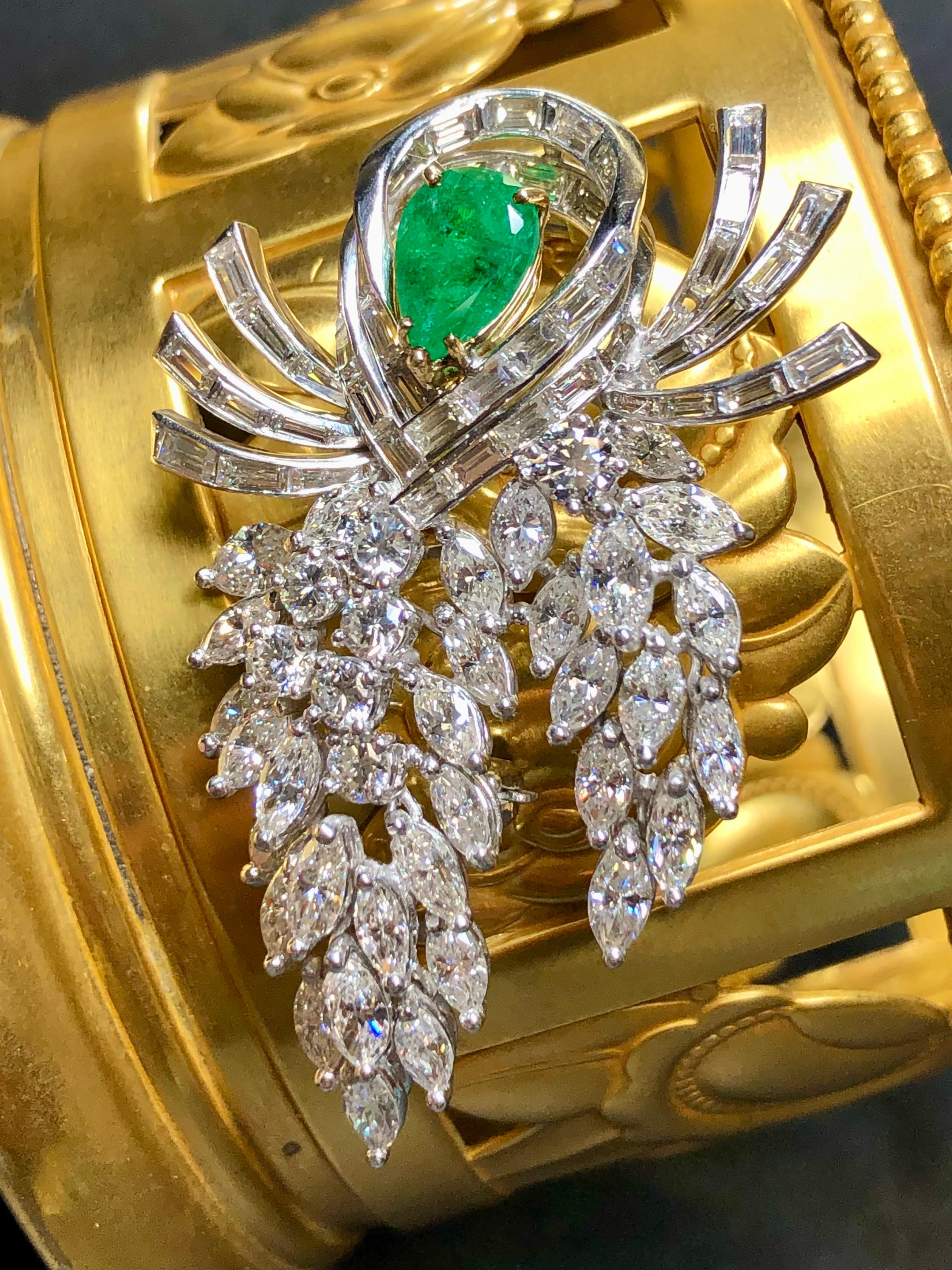 Marquise Cut Vintage 1950’s Platinum Diamond Emerald Articulating Brooch Pin 11.30cttw G Vs For Sale