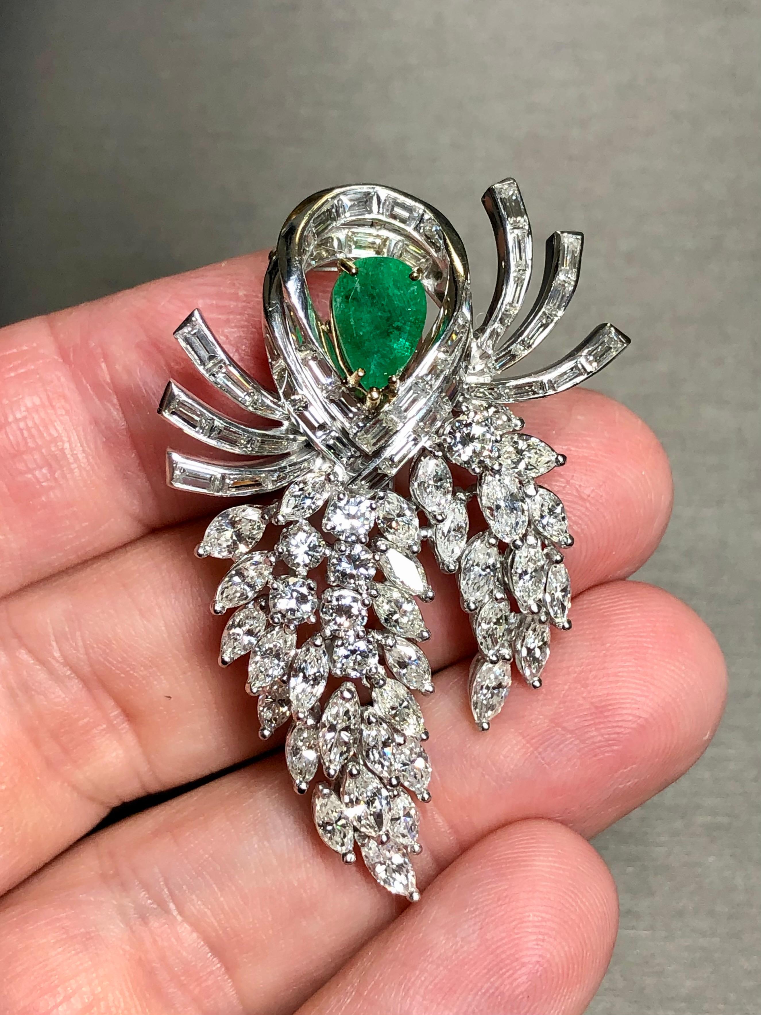 Women's or Men's Vintage 1950’s Platinum Diamond Emerald Articulating Brooch Pin 11.30cttw G Vs For Sale
