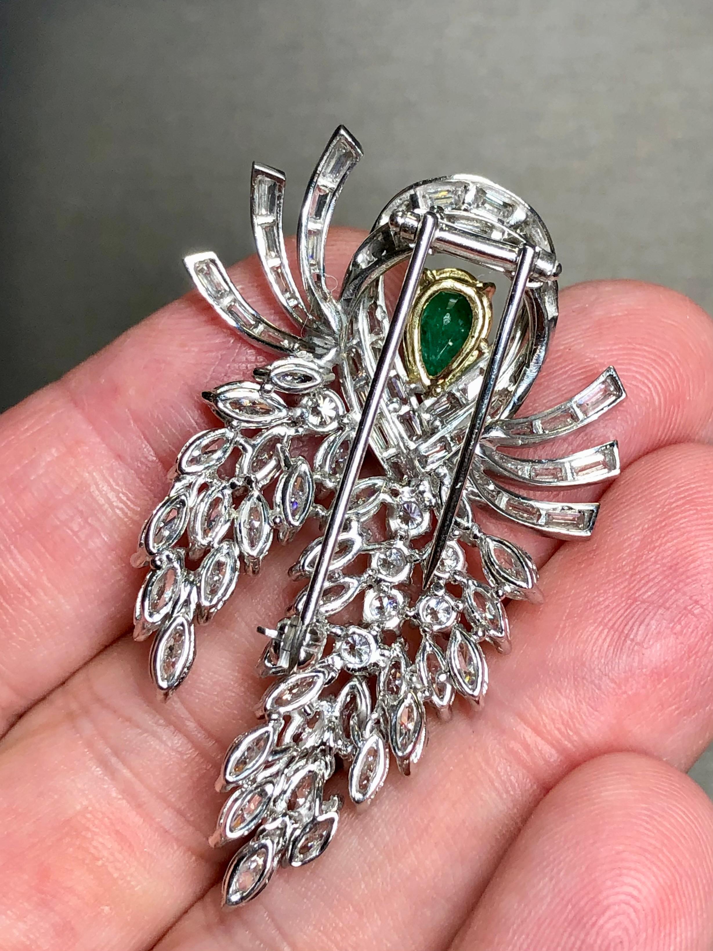 Vintage 1950’s Platinum Diamond Emerald Articulating Brooch Pin 11.30cttw G Vs For Sale 2