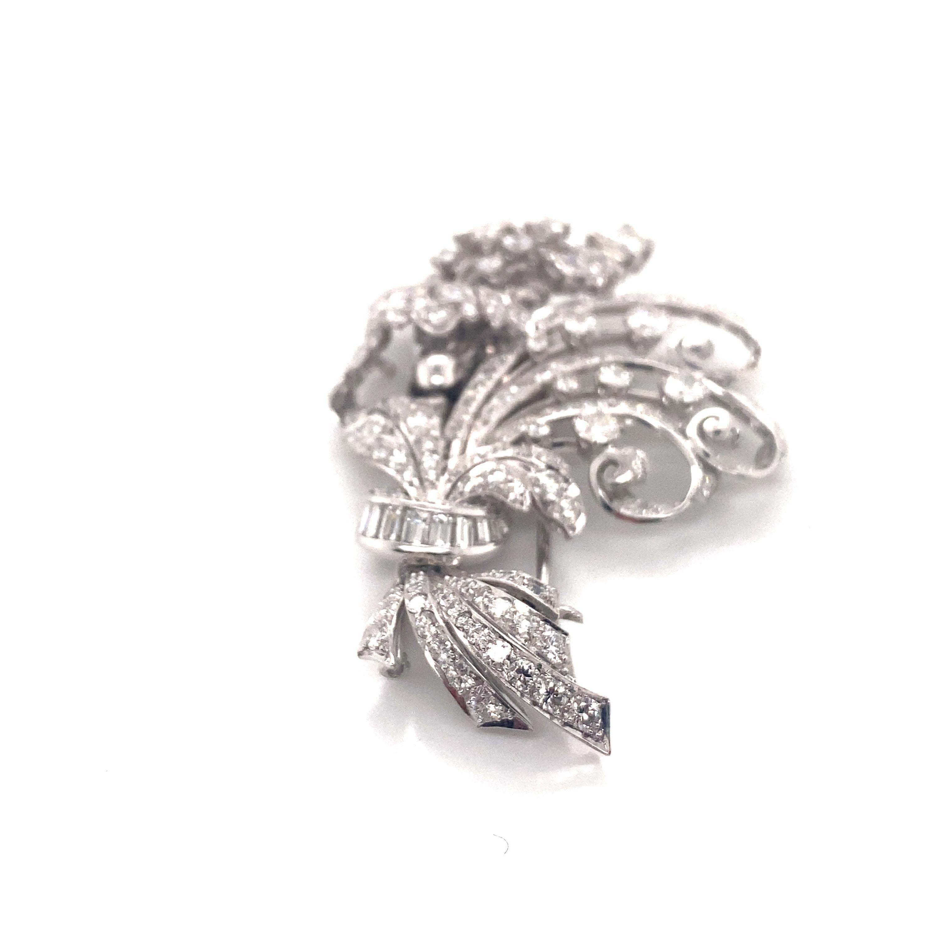 Vintage 1950’s Platinum Diamond Flower Bouquet Pin 9.40ct In Good Condition For Sale In Boston, MA