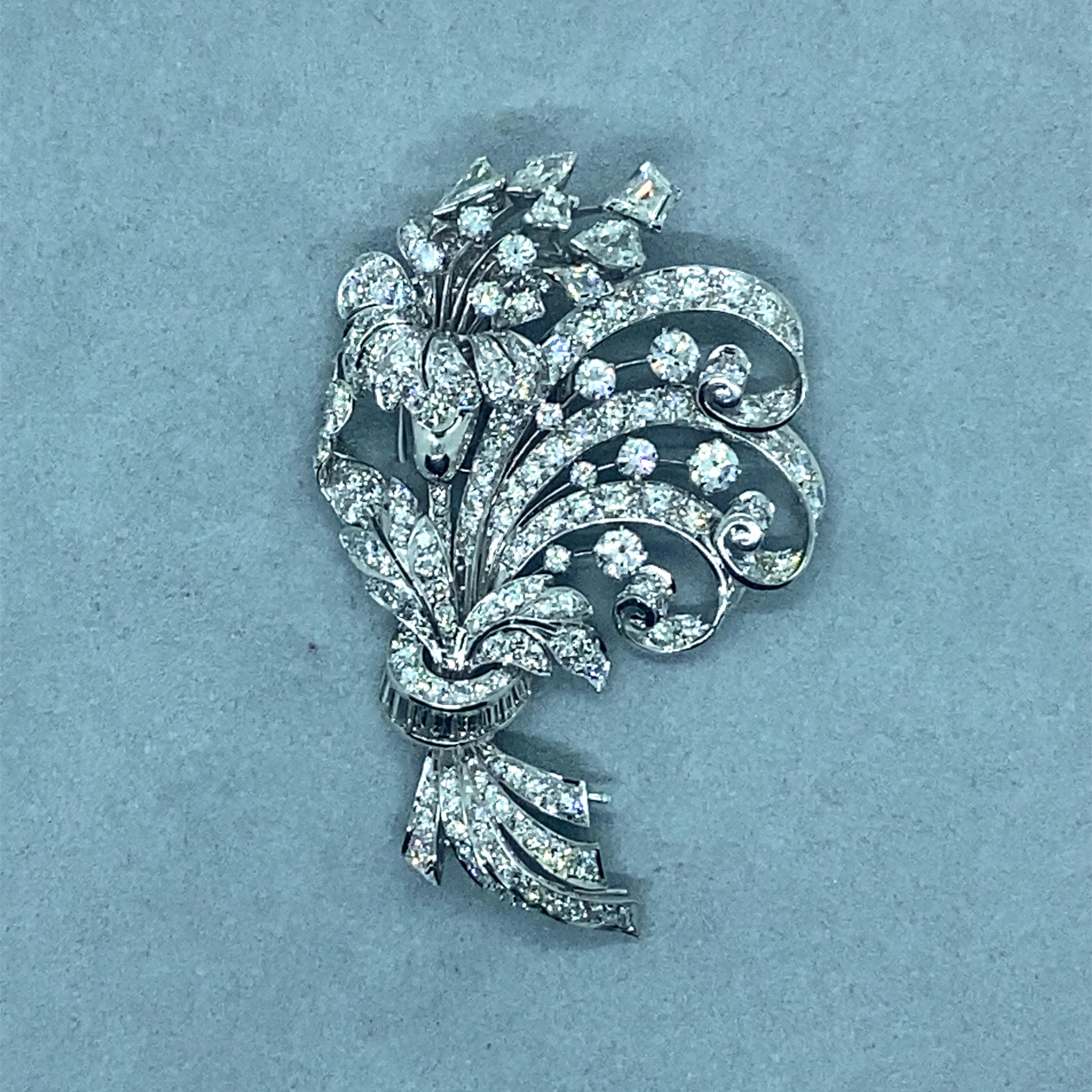 Women's Vintage 1950’s Platinum Diamond Flower Bouquet Pin 9.40ct For Sale