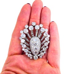 Vintage 1950s Platinum Diamond Peacock Brooch Clip Old European Baguette Cut