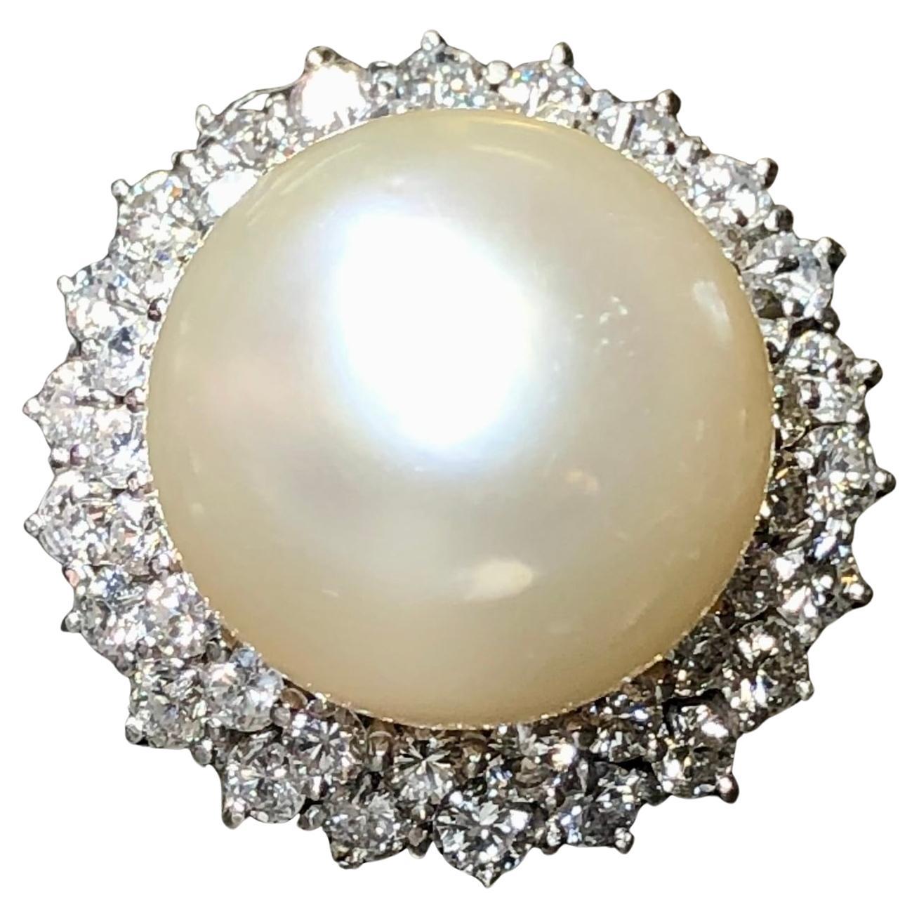 Vintage 1950’s Platinum Diamond South Sea Pearl Large Cocktail Ring 16.16mm