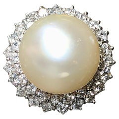Vintage 1950’s Platinum Diamond South Sea Pearl Large Cocktail Ring 16.16mm