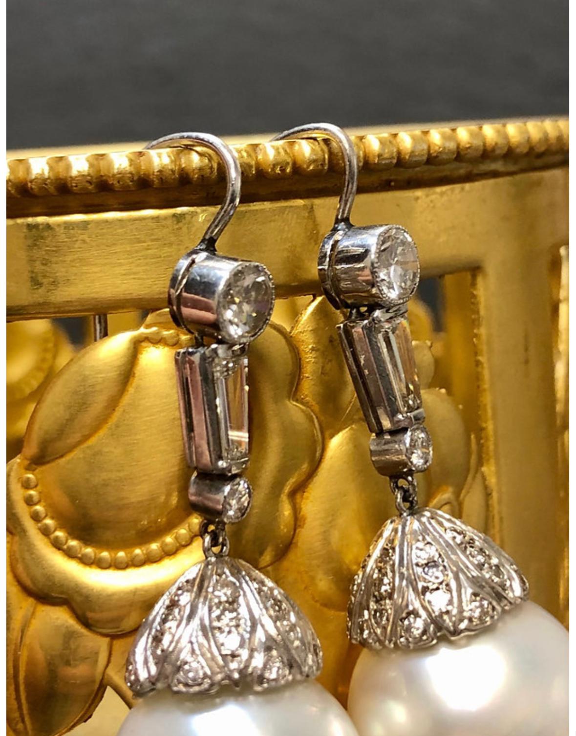 Vintage 1950's Platin Diamanten Südsee Perle Tropfen Französisch Haken Ohrringe (Retro)
