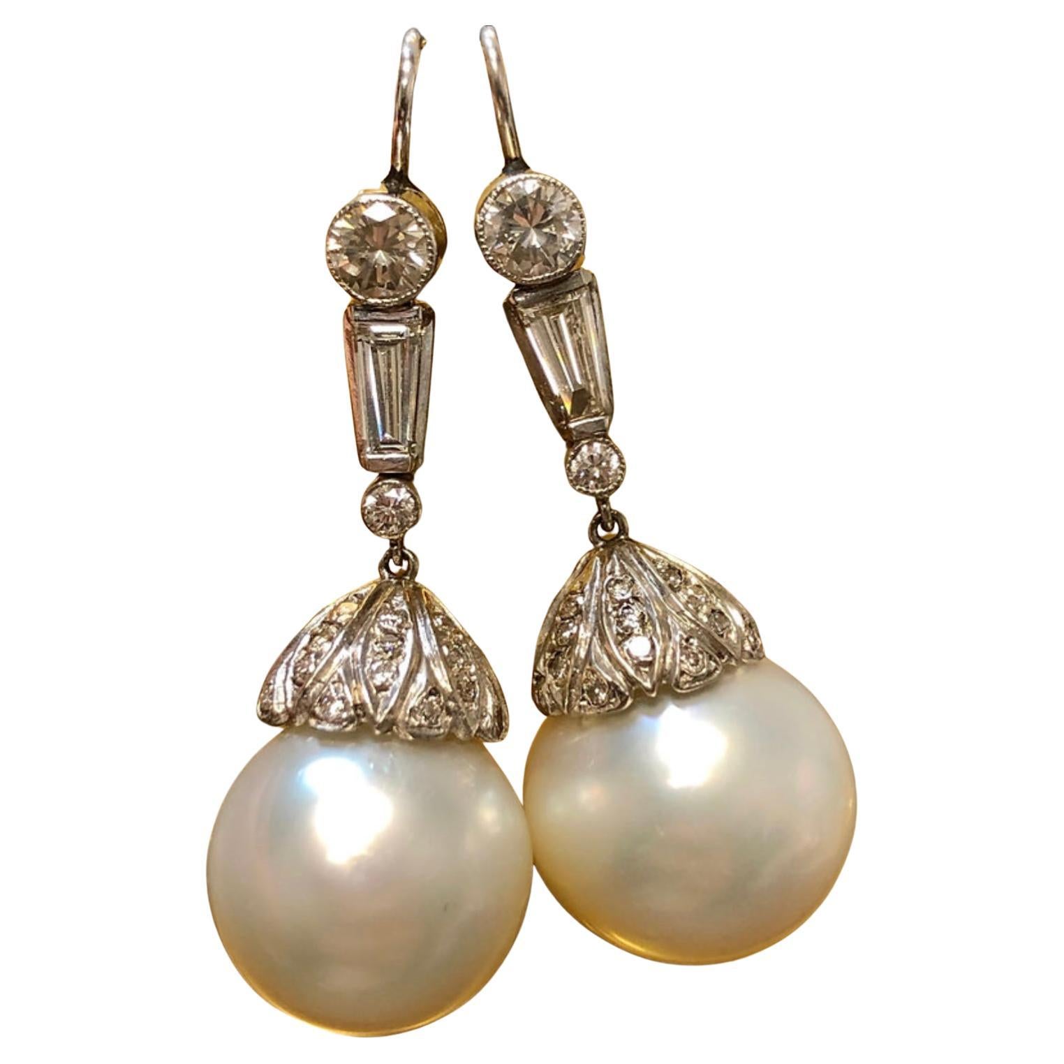 Vintage 1950’s Platinum Diamonds South Sea Pearl Drop French Hook Earrings