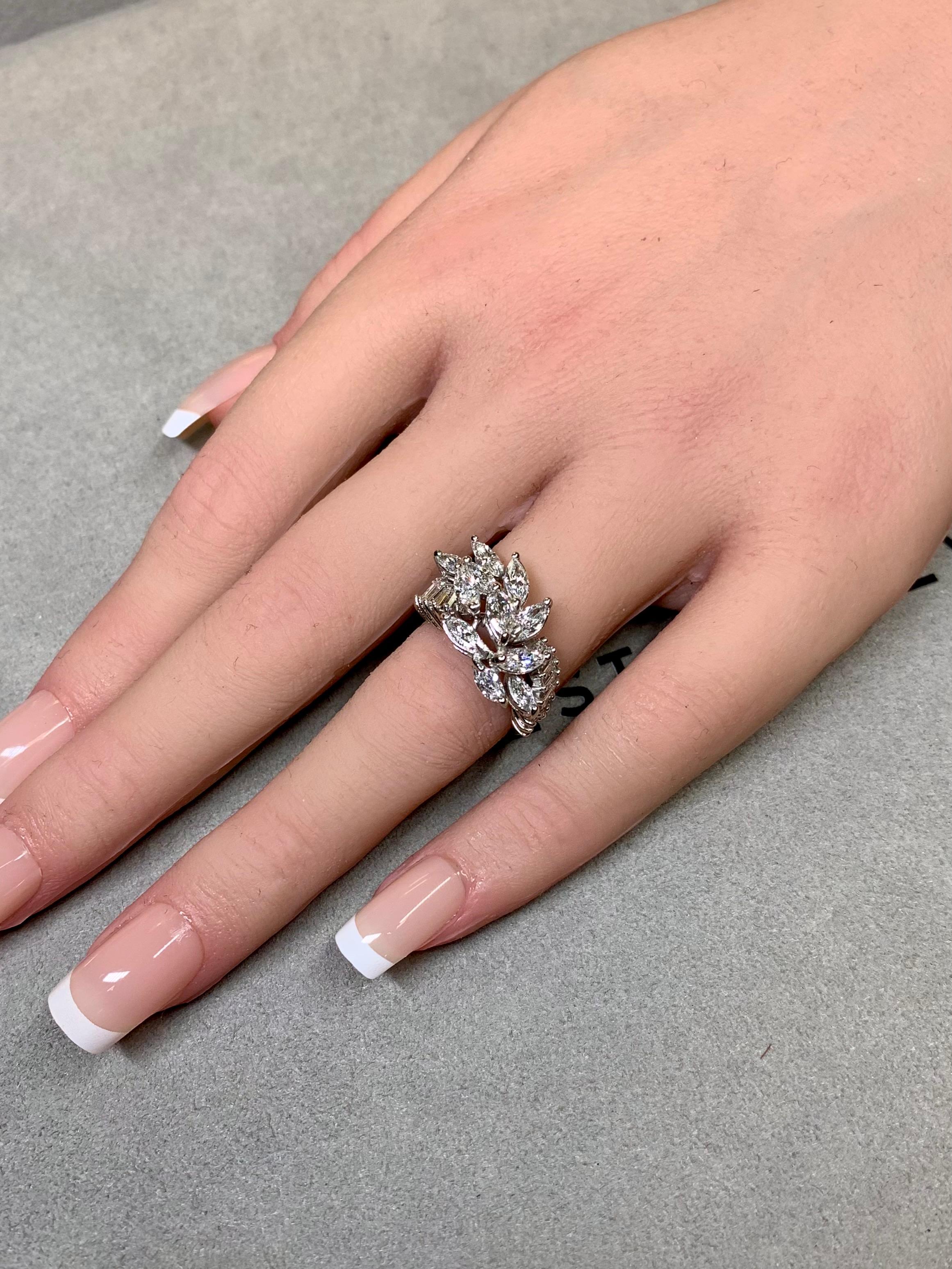 Vintage 1950's Platinum Marquise Baguette Diamond Spray Retro Cocktail Ring G Vs en vente 5