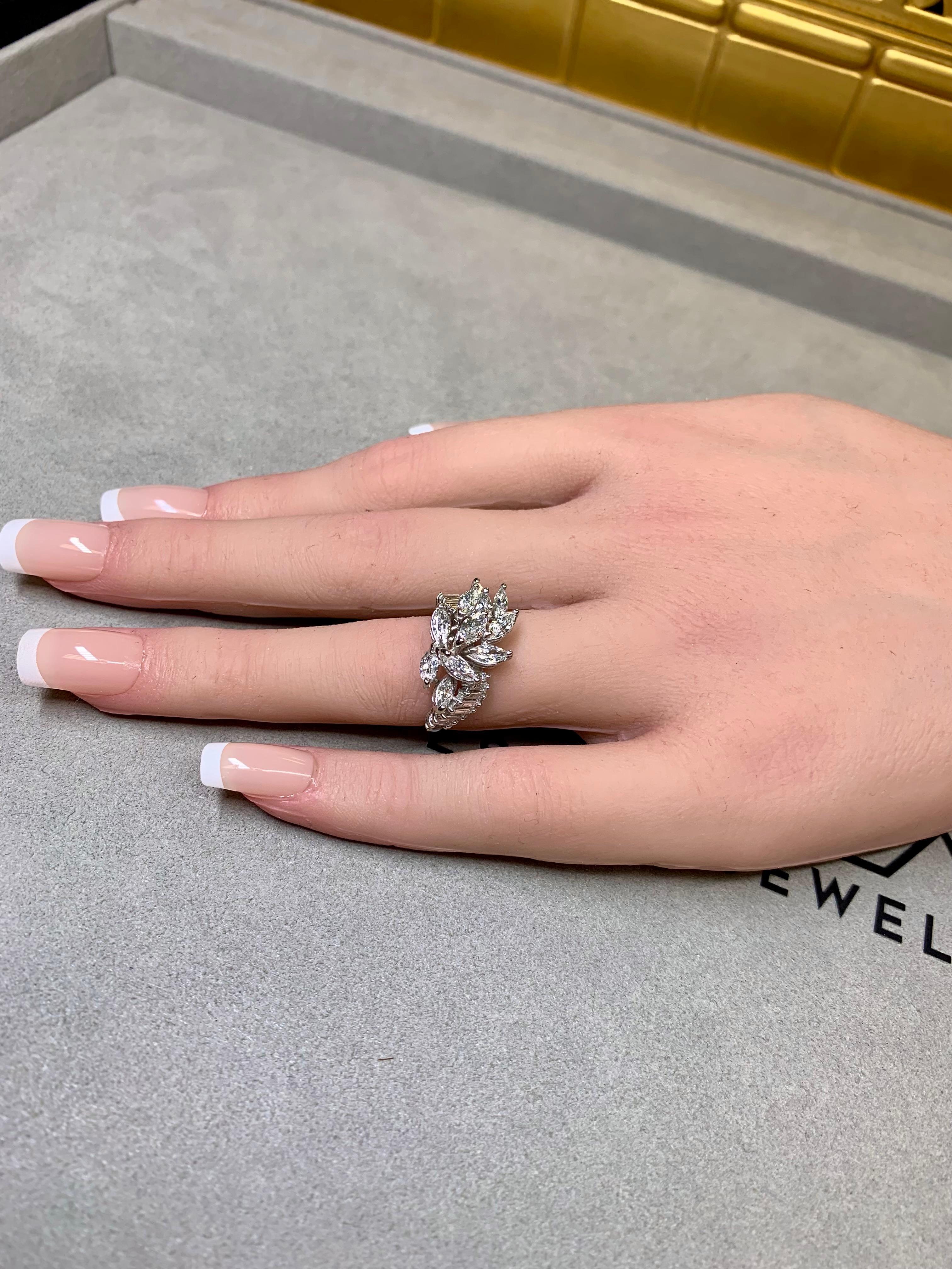 Vintage 1950's Platinum Marquise Baguette Diamond Spray Retro Cocktail Ring G Vs en vente 6