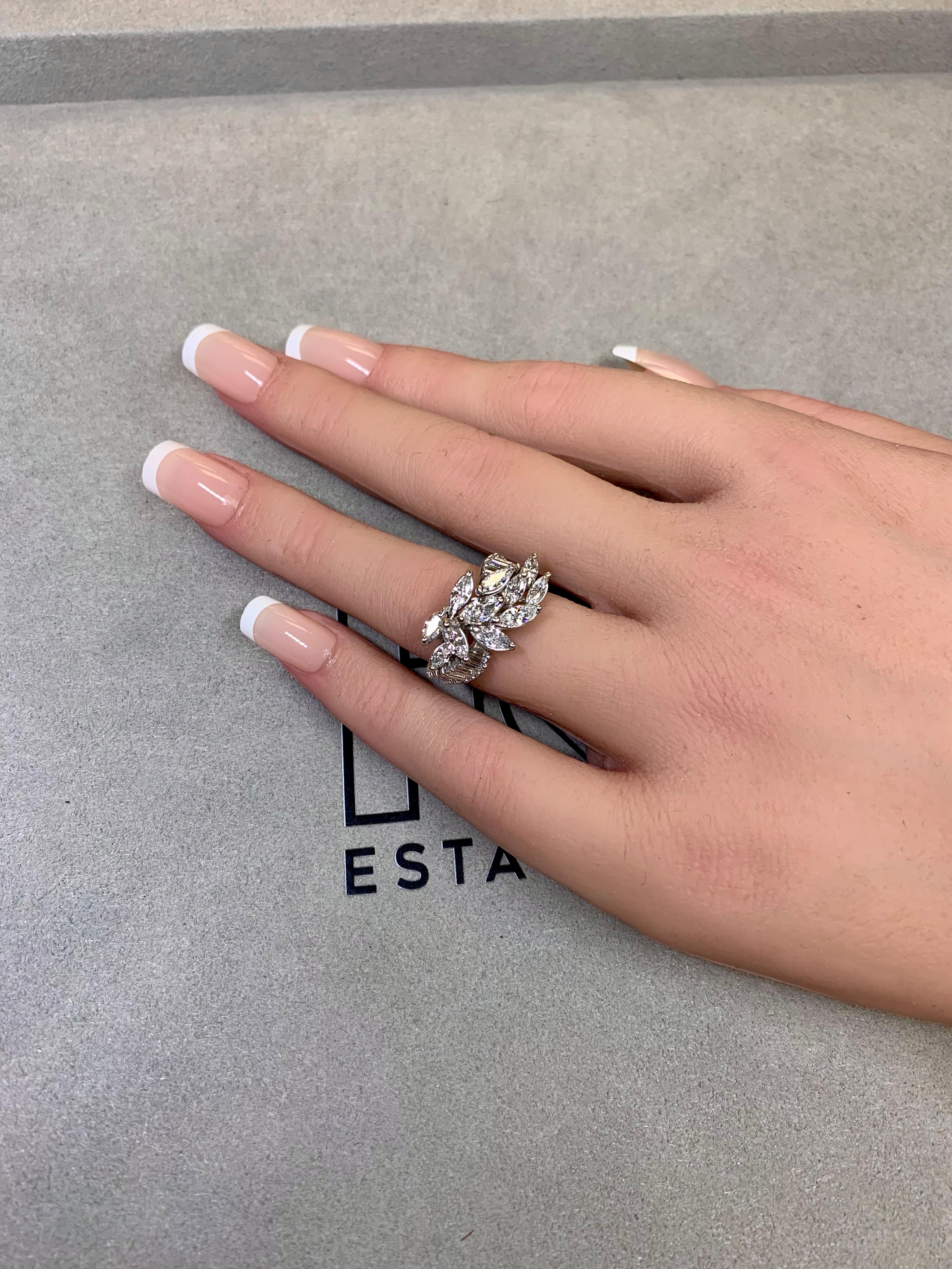 Vintage 1950's Platinum Marquise Baguette Diamond Spray Retro Cocktail Ring G Vs en vente 7