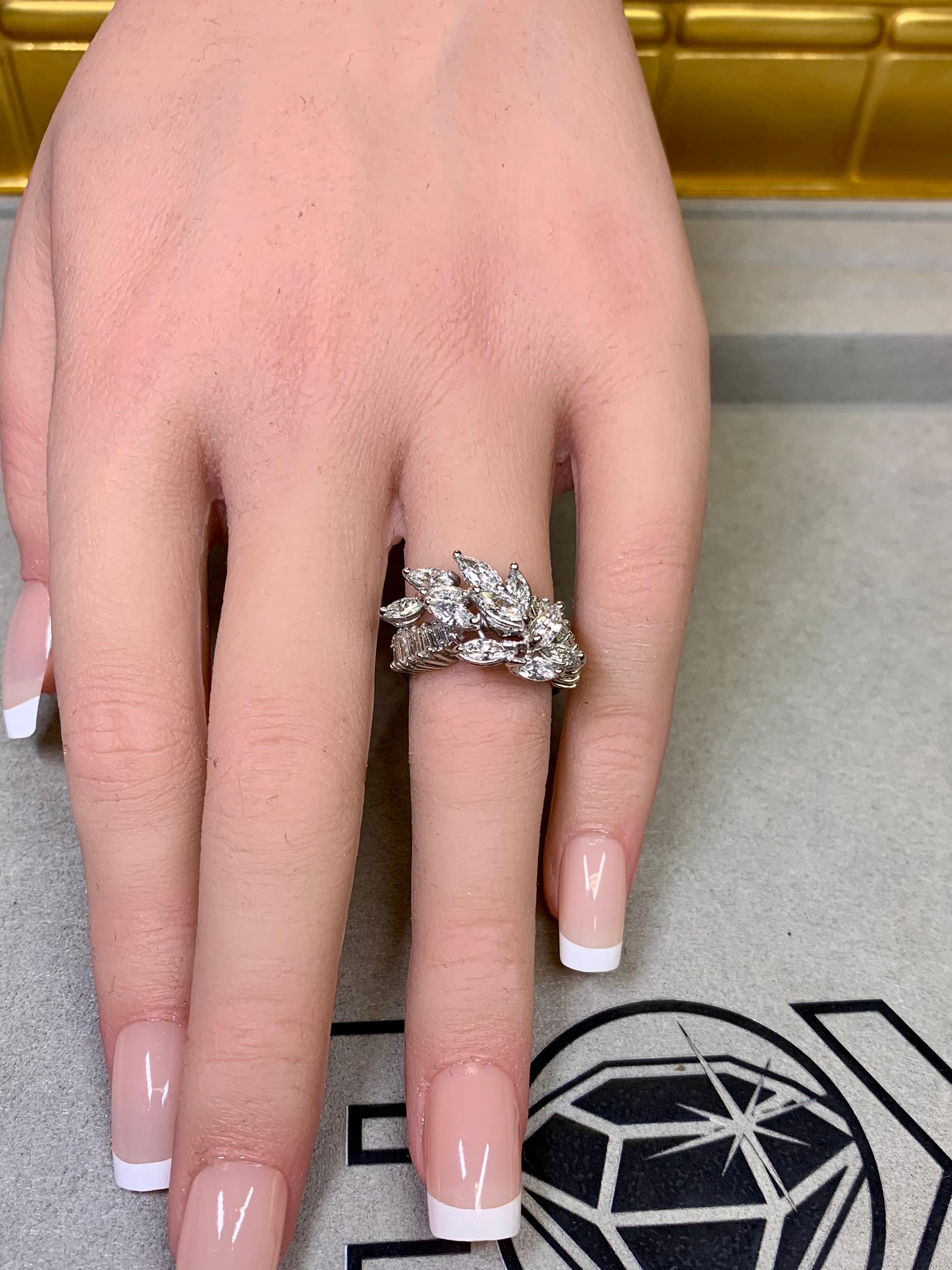 Vintage 1950's Platinum Marquise Baguette Diamond Spray Retro Cocktail Ring G Vs en vente 8