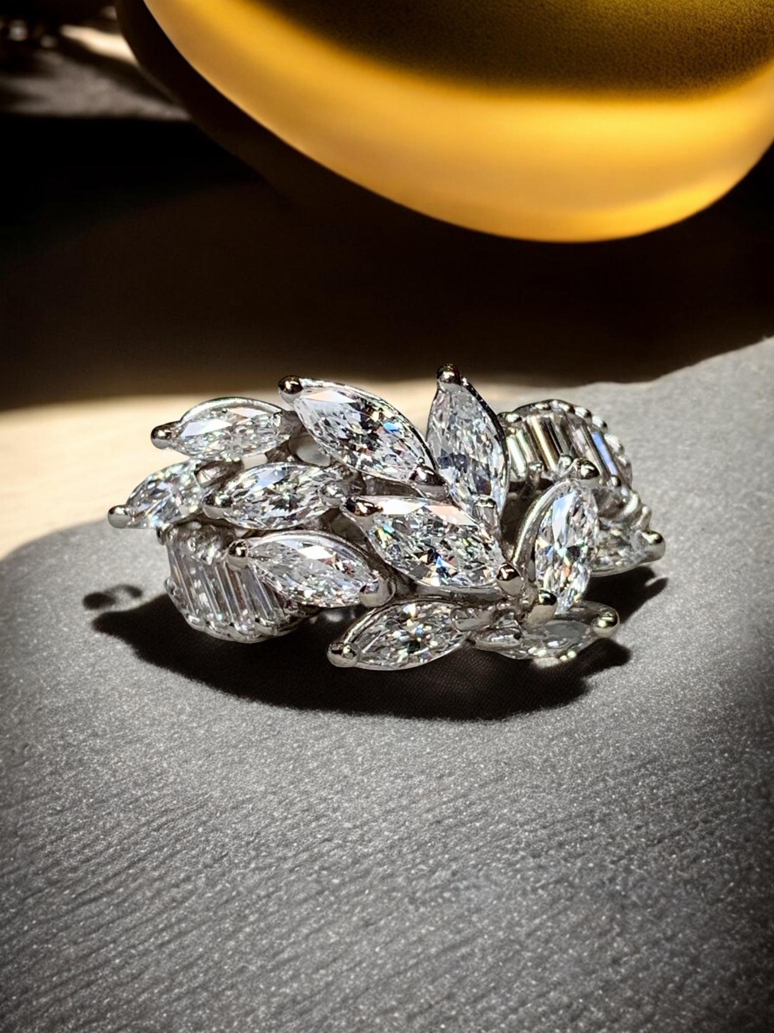 Vintage 1950's Platinum Marquise Baguette Diamond Spray Retro Cocktail Ring G Vs en vente 9