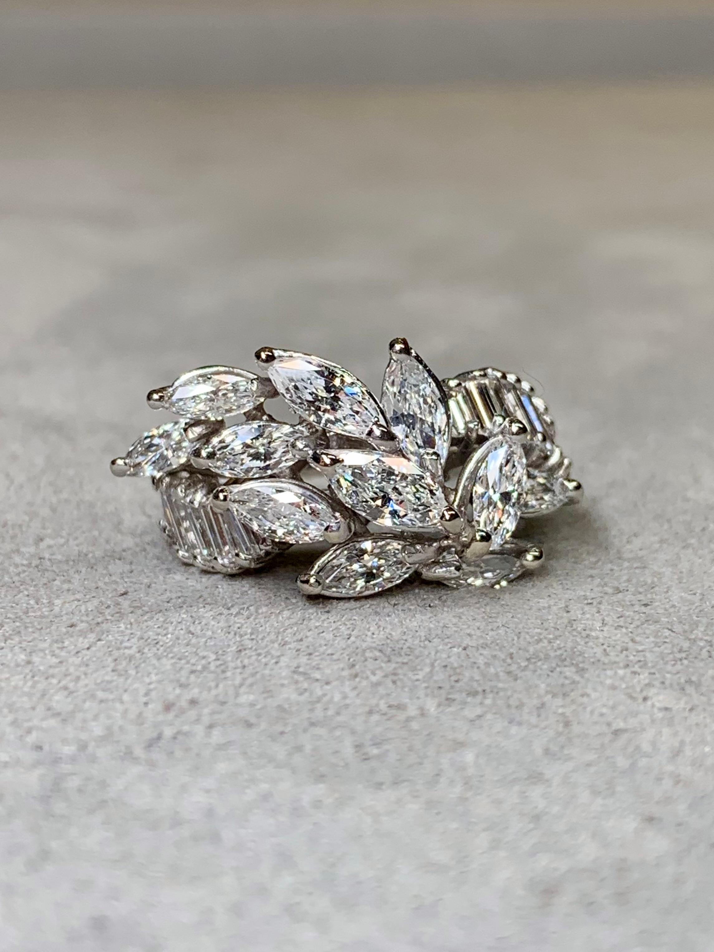 Vintage 1950's Platinum Marquise Baguette Diamond Spray Retro Cocktail Ring G Vs Excellent état - En vente à Winter Springs, FL