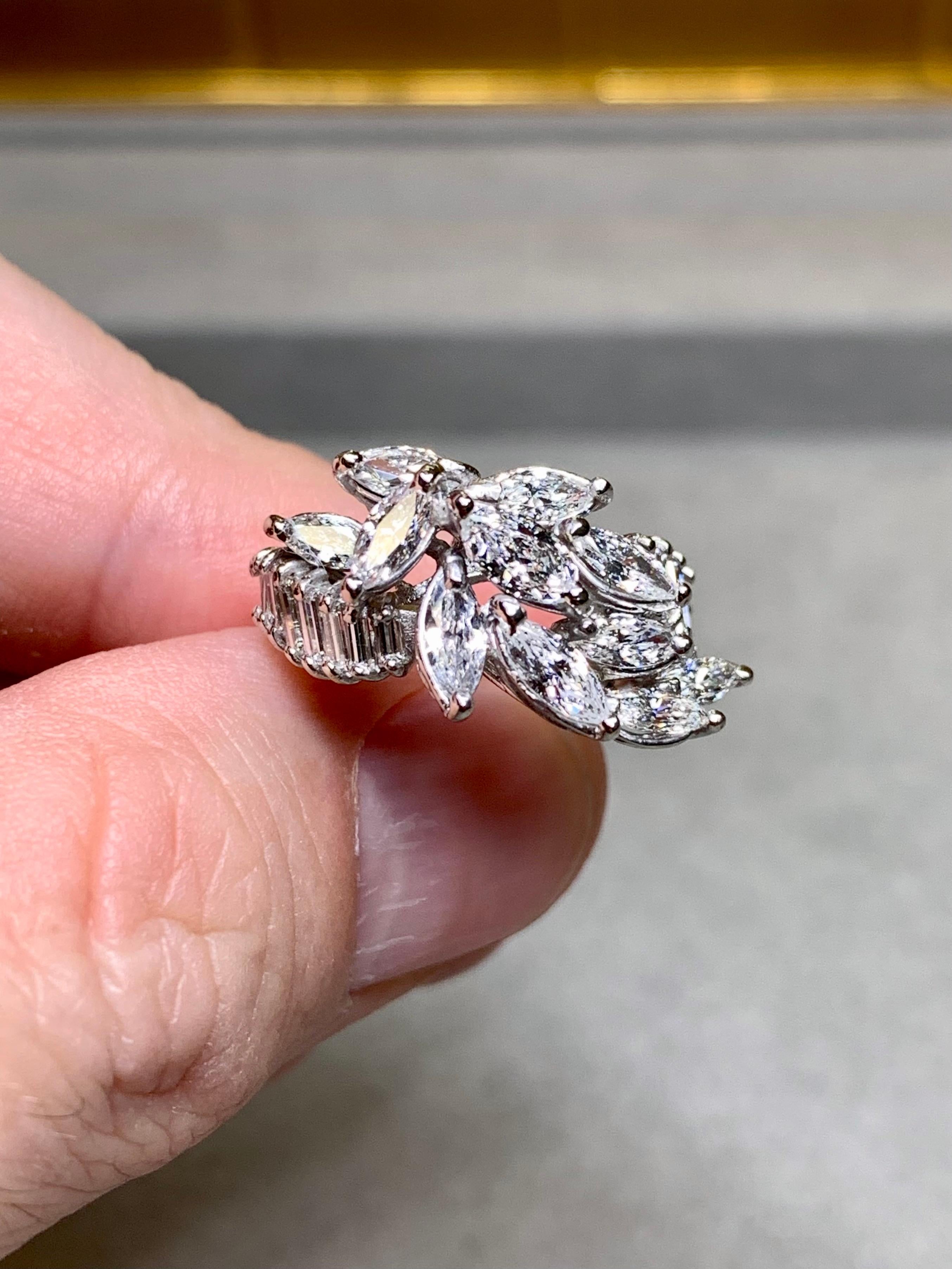 Vintage 1950's Platinum Marquise Baguette Diamond Spray Retro Cocktail Ring G Vs Unisexe en vente