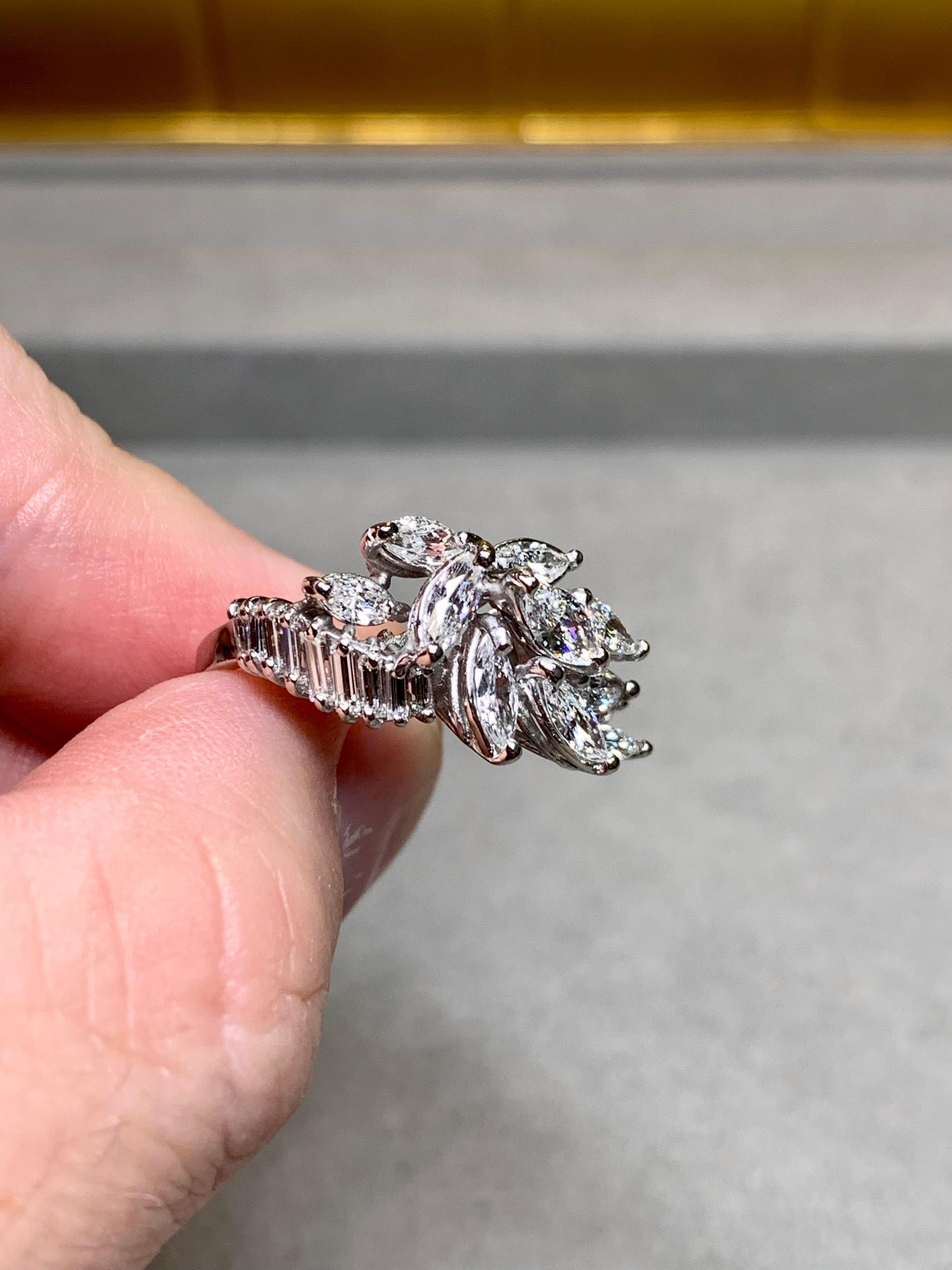 Vintage 1950's Platinum Marquise Baguette Diamond Spray Retro Cocktail Ring G Vs en vente 1
