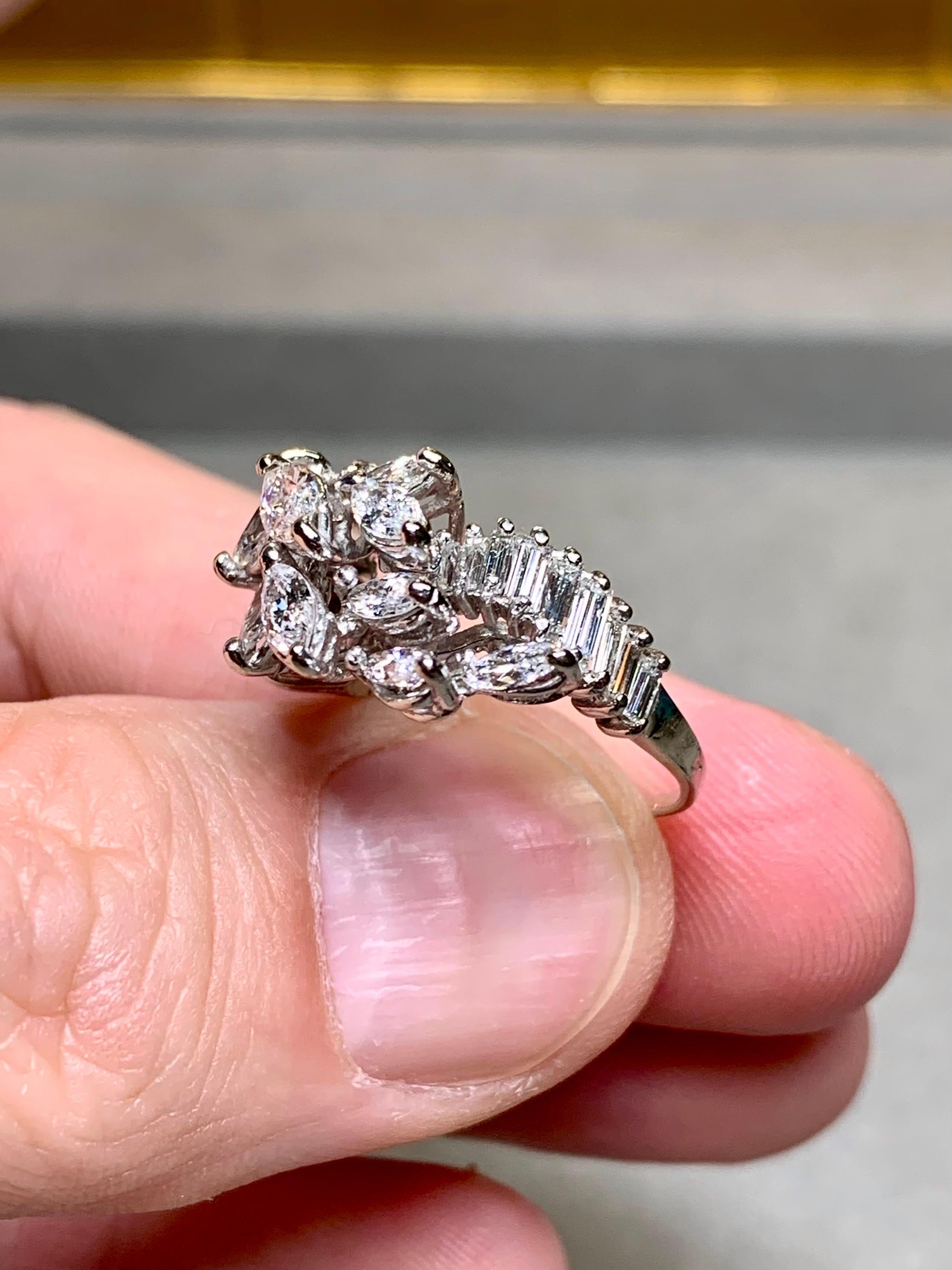 Vintage 1950's Platinum Marquise Baguette Diamond Spray Retro Cocktail Ring G Vs en vente 2