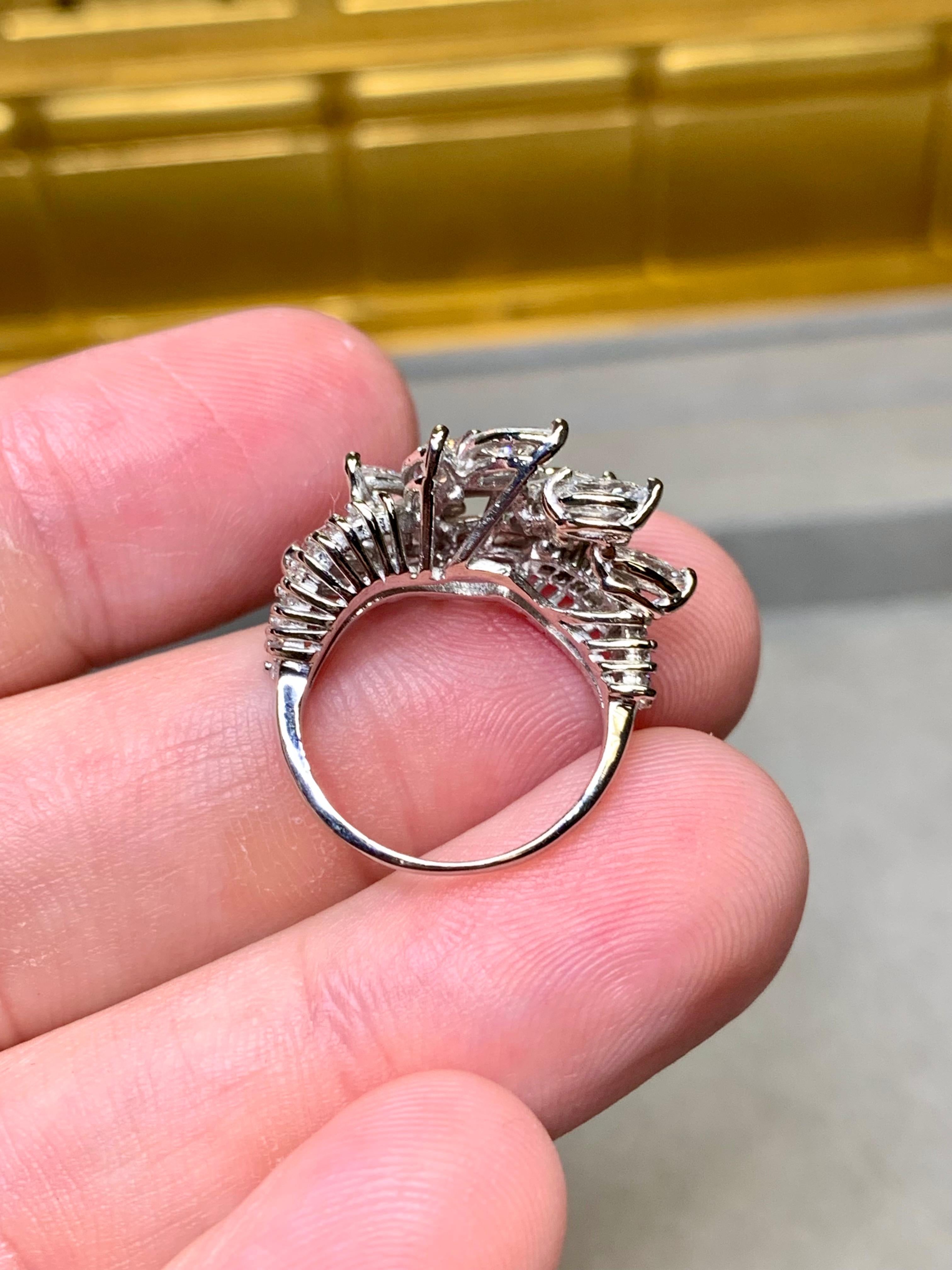 Vintage 1950's Platinum Marquise Baguette Diamond Spray Retro Cocktail Ring G Vs en vente 3