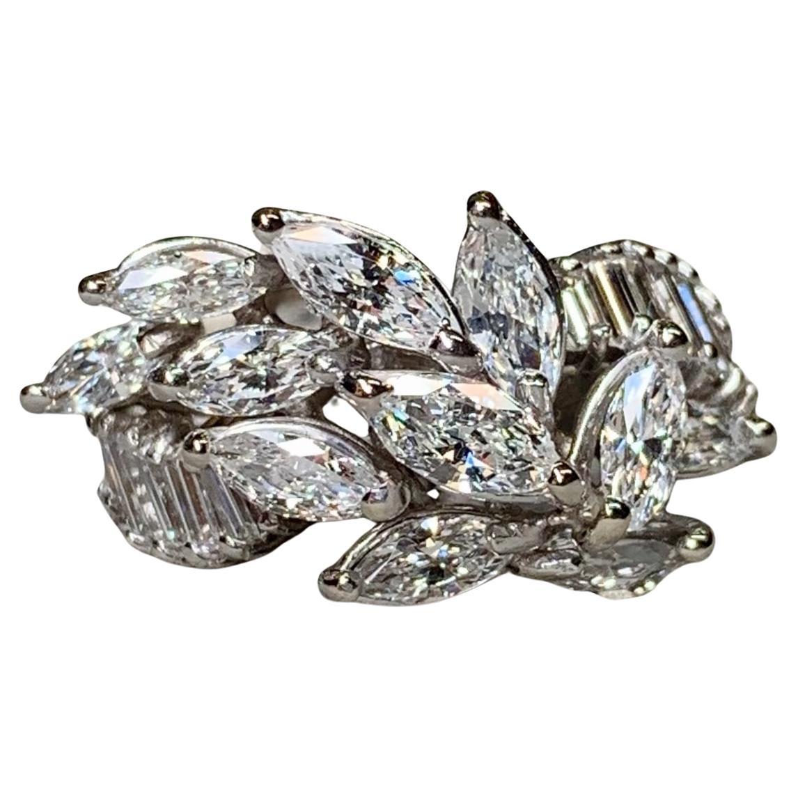 Vintage 1950
s Platinum Marquise Baguette Diamond Spray Retro Cocktail Ring G Vs