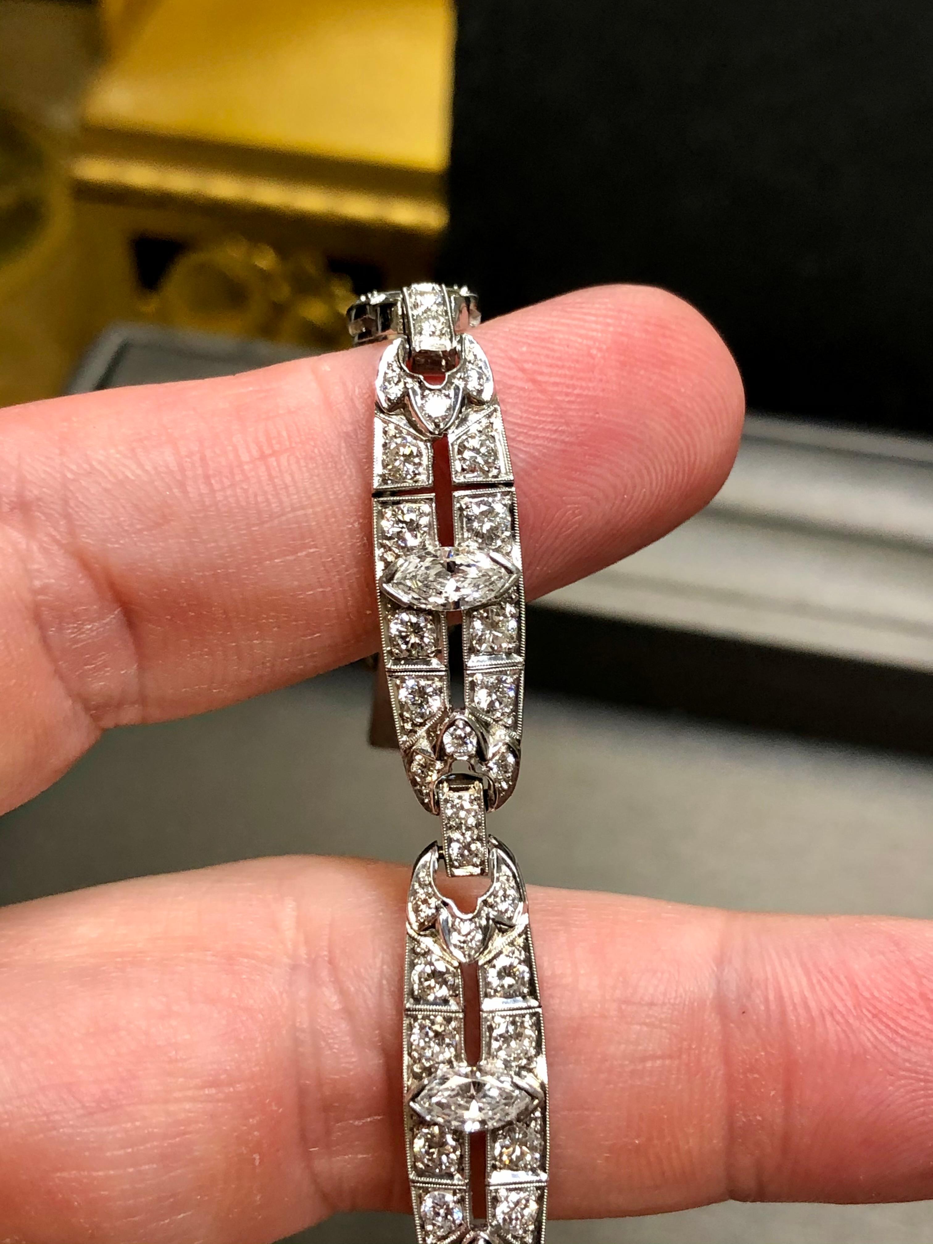 Antique Art Deco Platinum Marquise Round Diamond Bracelet 4.65cttw 7” For Sale 5