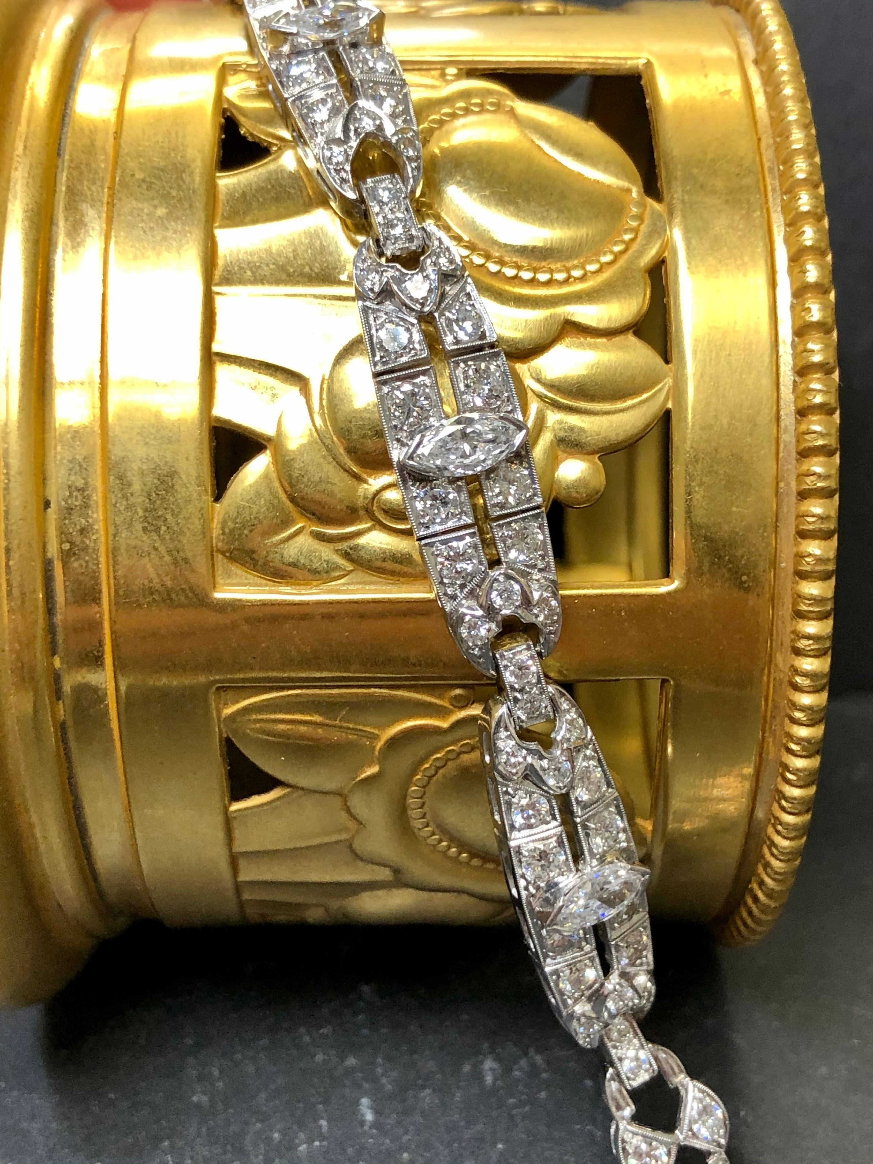 Round Cut Antique Art Deco Platinum Marquise Round Diamond Bracelet 4.65cttw 7” For Sale