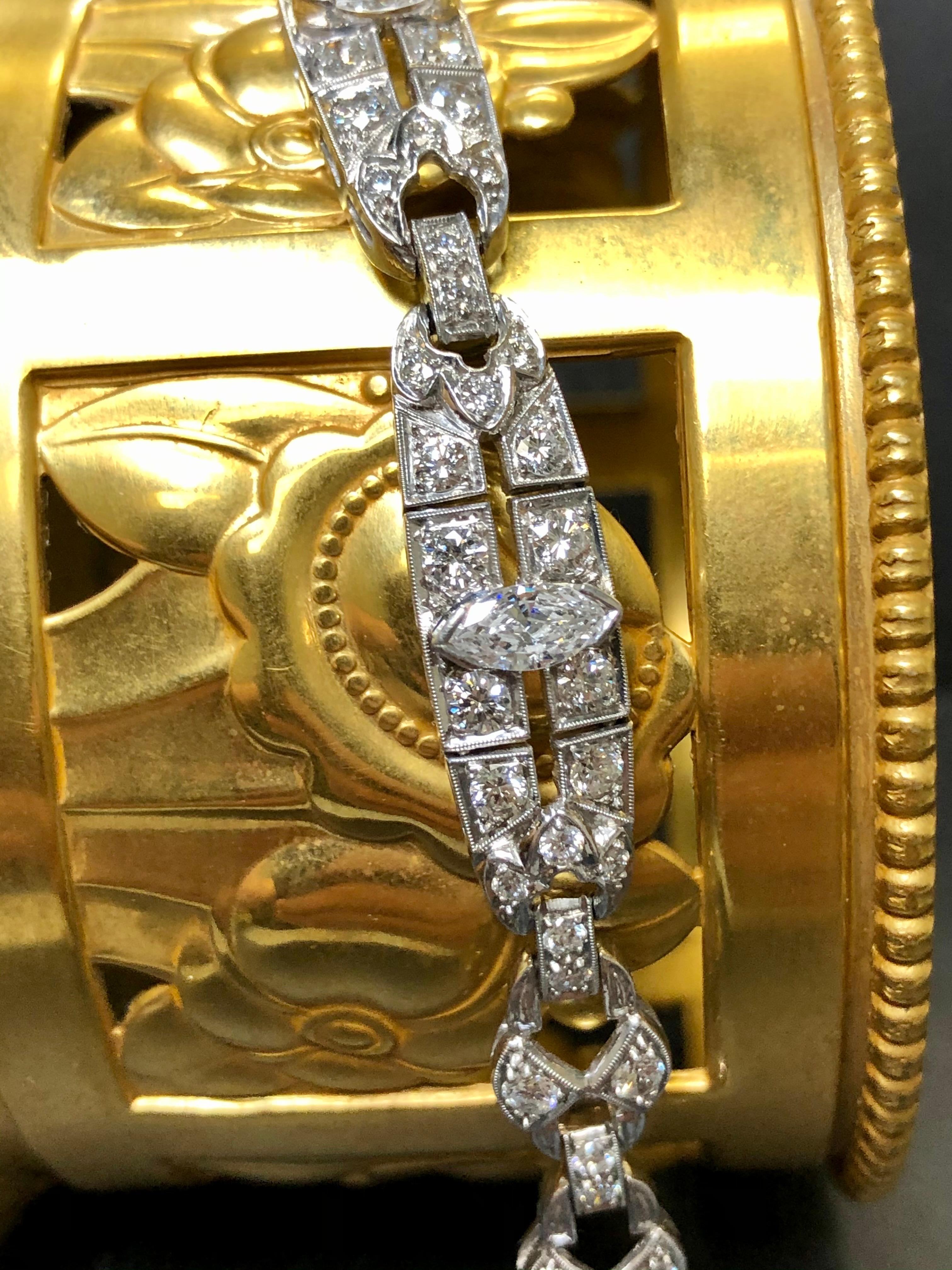 Antique Art Deco Platinum Marquise Round Diamond Bracelet 4.65cttw 7” In Good Condition For Sale In Winter Springs, FL