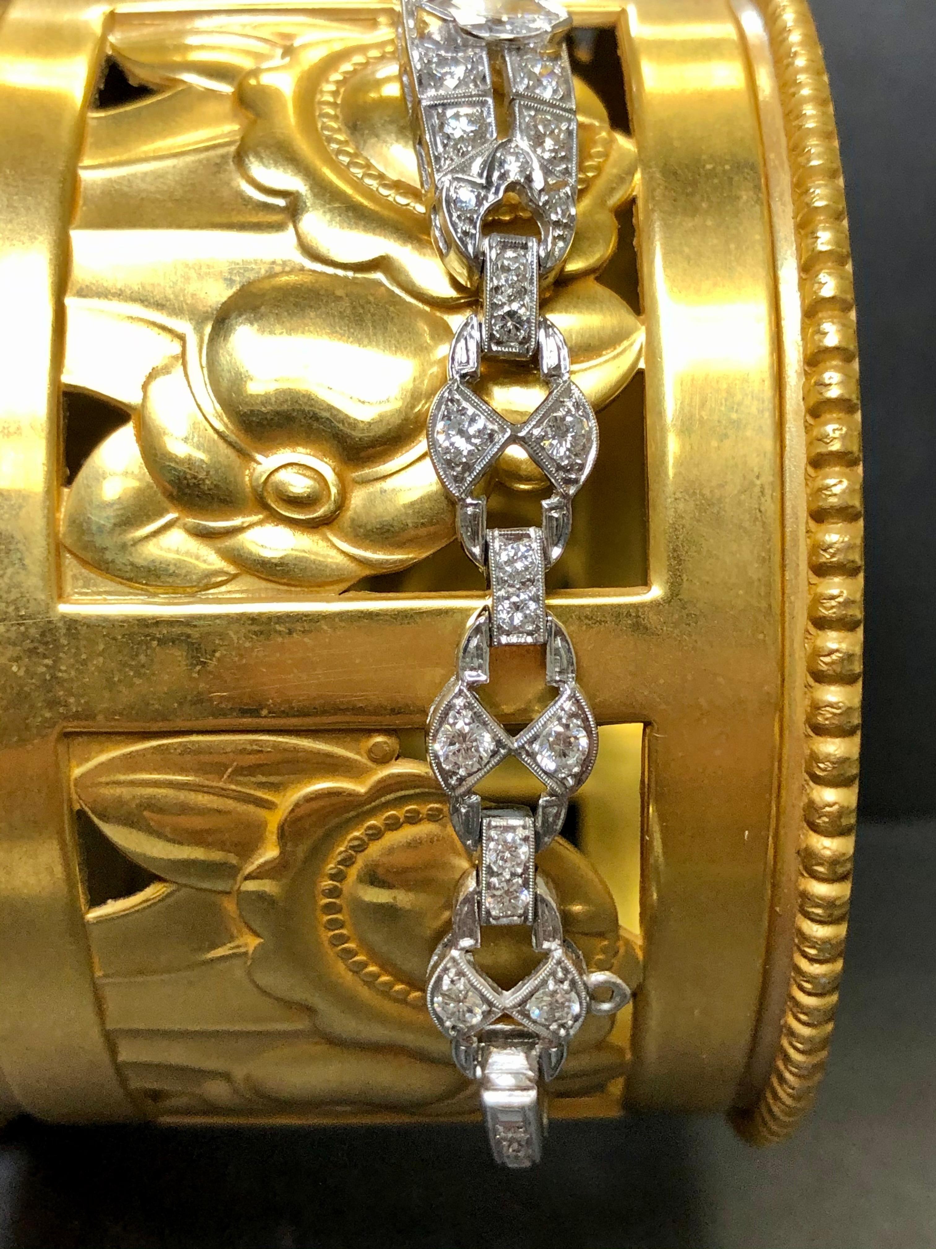 Women's or Men's Antique Art Deco Platinum Marquise Round Diamond Bracelet 4.65cttw 7” For Sale