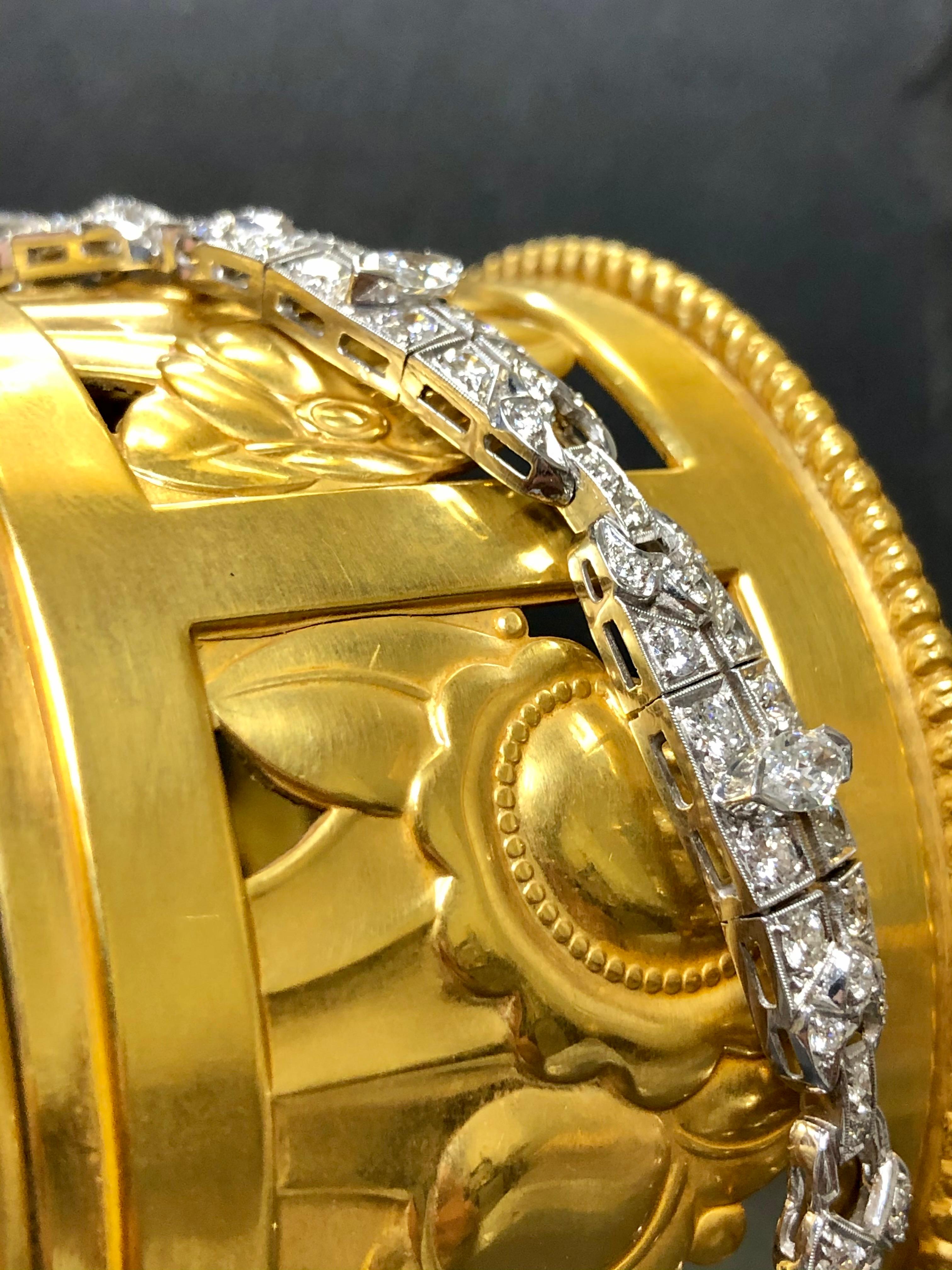 Antique Art Deco Platinum Marquise Round Diamond Bracelet 4.65cttw 7” For Sale 1