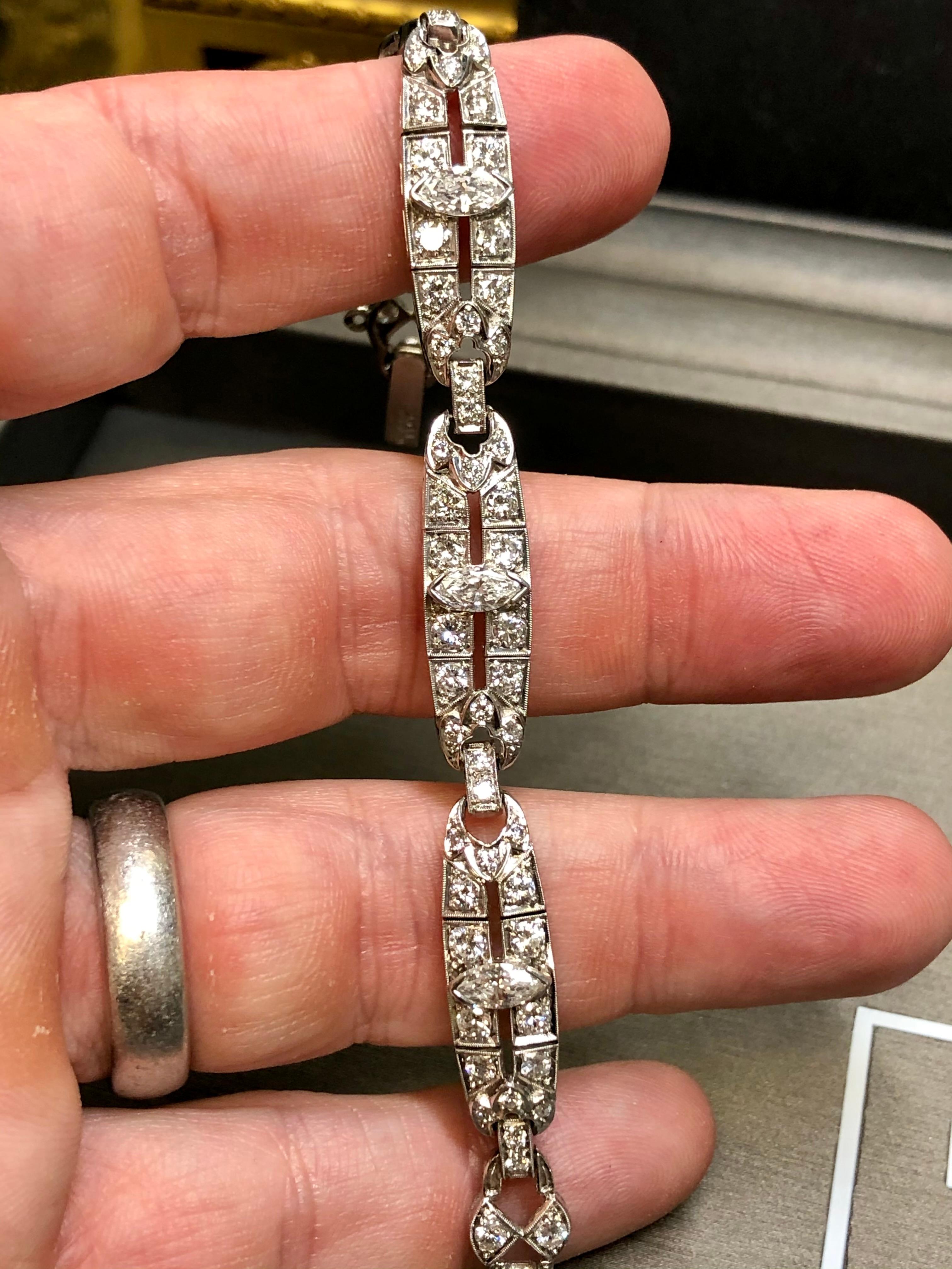Antique Art Deco Platinum Marquise Round Diamond Bracelet 4.65cttw 7” For Sale 2