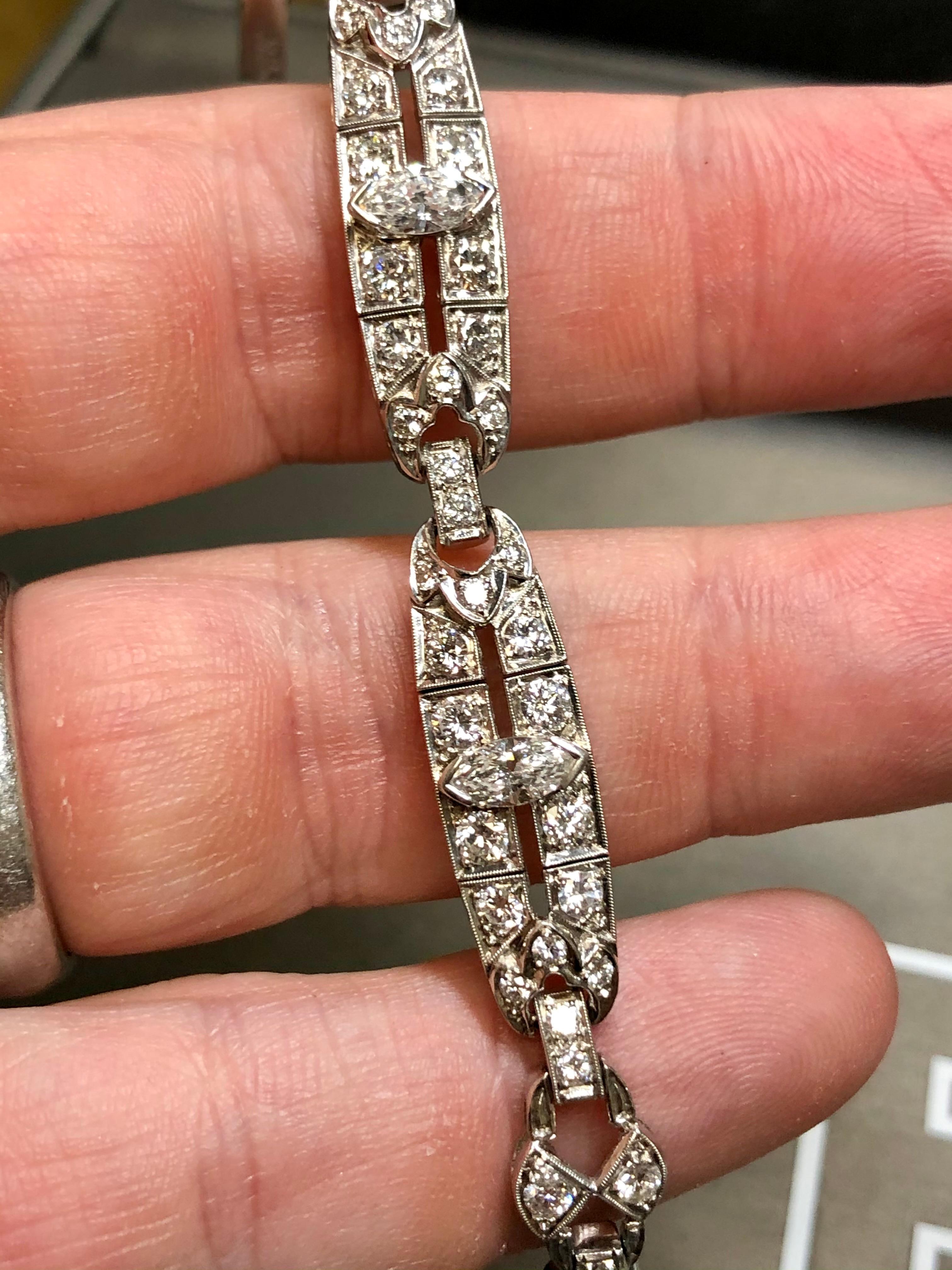 Antique Art Deco Platinum Marquise Round Diamond Bracelet 4.65cttw 7” For Sale 3